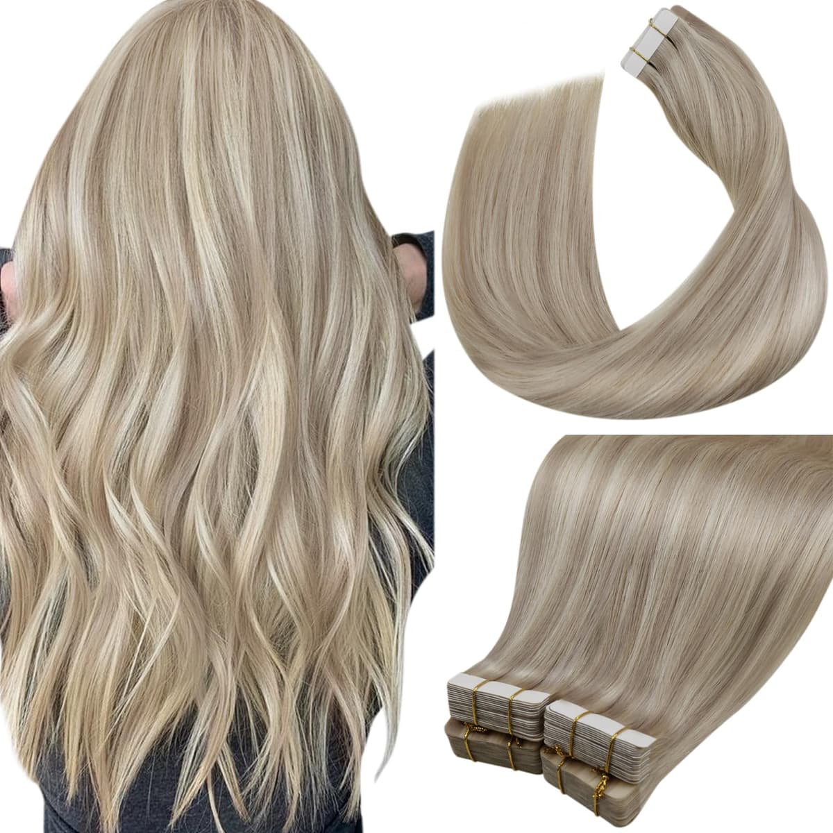 LaaVoo Tape in Hair Extensions Human Hair Blonde Tape Hair Extensions Real Human Hair Invisible Tapes Remy Straight Balayage Brown to Blonde Hair Double Sided Tabs 20pcs 50g 16 Inch #8/18/60 — view 83