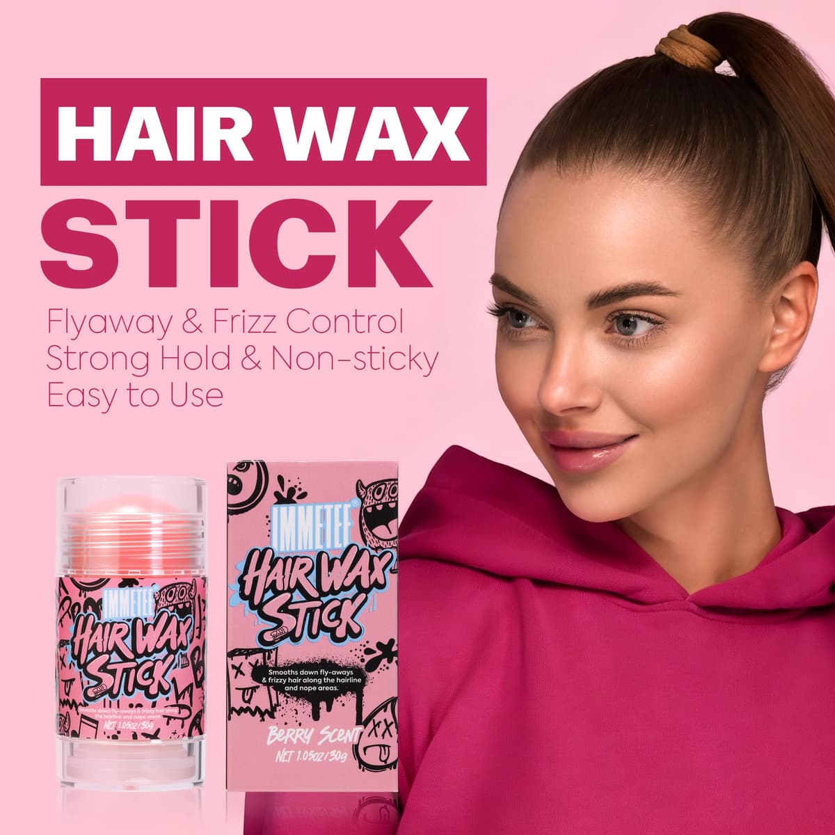 immetee Barra de Cera para el Cabello Mujer - Control Antifrizz y Mechas Sueltas - No Grasa, Sin Residuos, Fijador para Peinados, Pelucas y Control de Contorno, 1.05oz/30g (Arándanos) — view 2