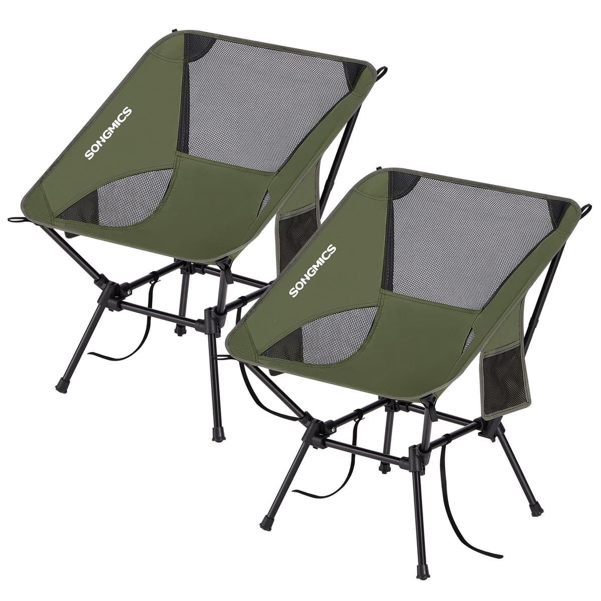 SONGMICS Silla de Camping con Respaldo Bajo, Juego de 2, Silla de Exterior Plegable de Altura Ajustable, Marco de Acero, Carga de 150 kg, con 2 Bolsillos, para Viajes, Verde GCB052CZ01