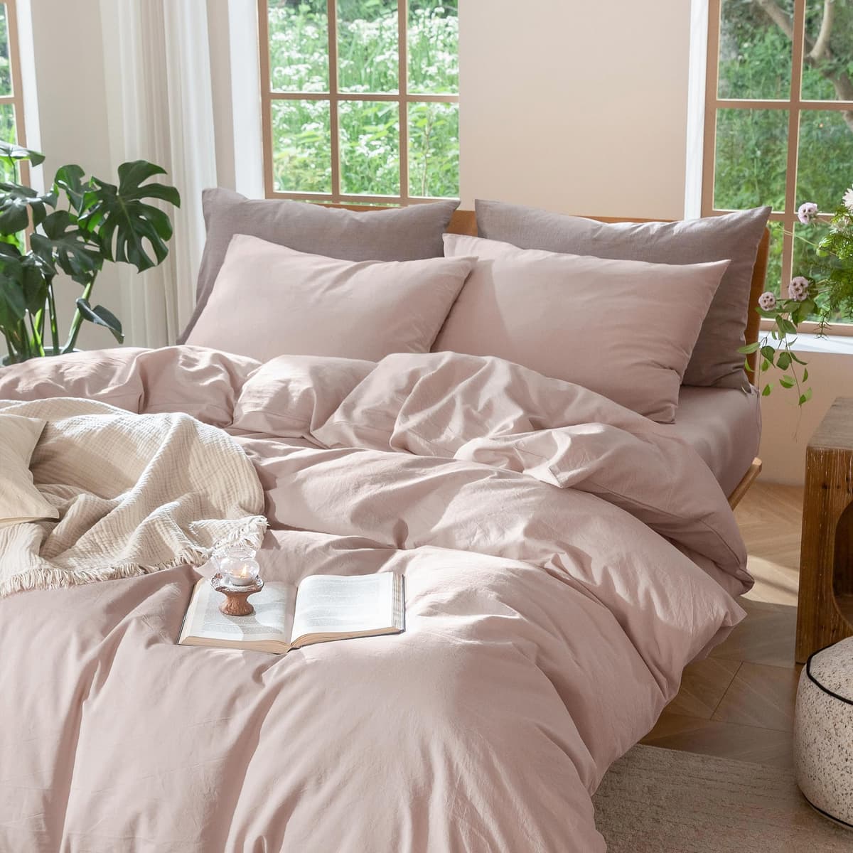 MooMee Bedding Duvet Cover Set 100% Washed Cotton Linen Like Textured Breathable Durable Soft Comfy (Tannish Linen Grey, King) — view 183