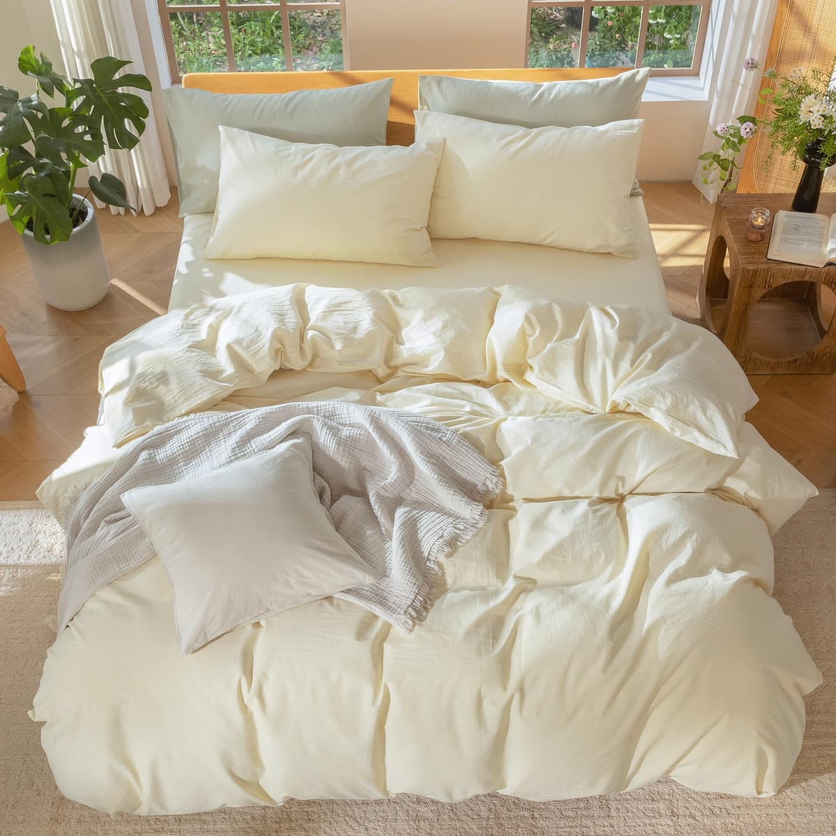 MooMee Bedding Duvet Cover Set 100% Washed Cotton Linen Like Textured Breathable Durable Soft Comfy (Tannish Linen Grey, King) — view 152