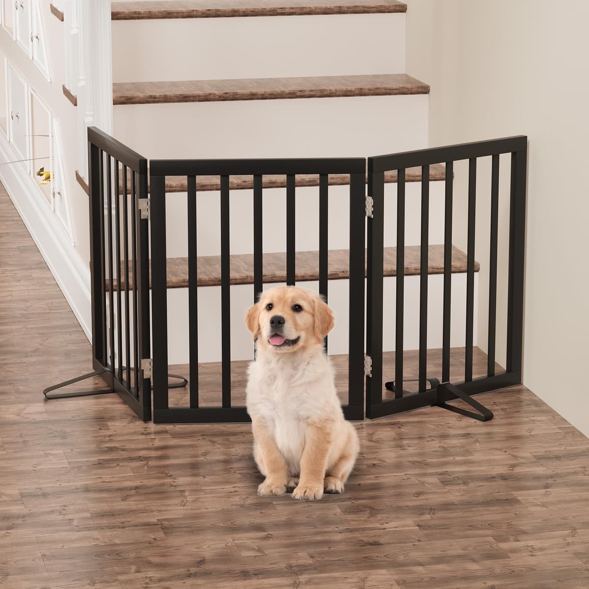 Dog Gates for Doorways, Foldable Dog Gate Indoor, Freestanding Pet Gates for Doorways Bedroom, Puppy Gate with Metal Support Feet, Room Divider 3 Panels (Black) — view 5