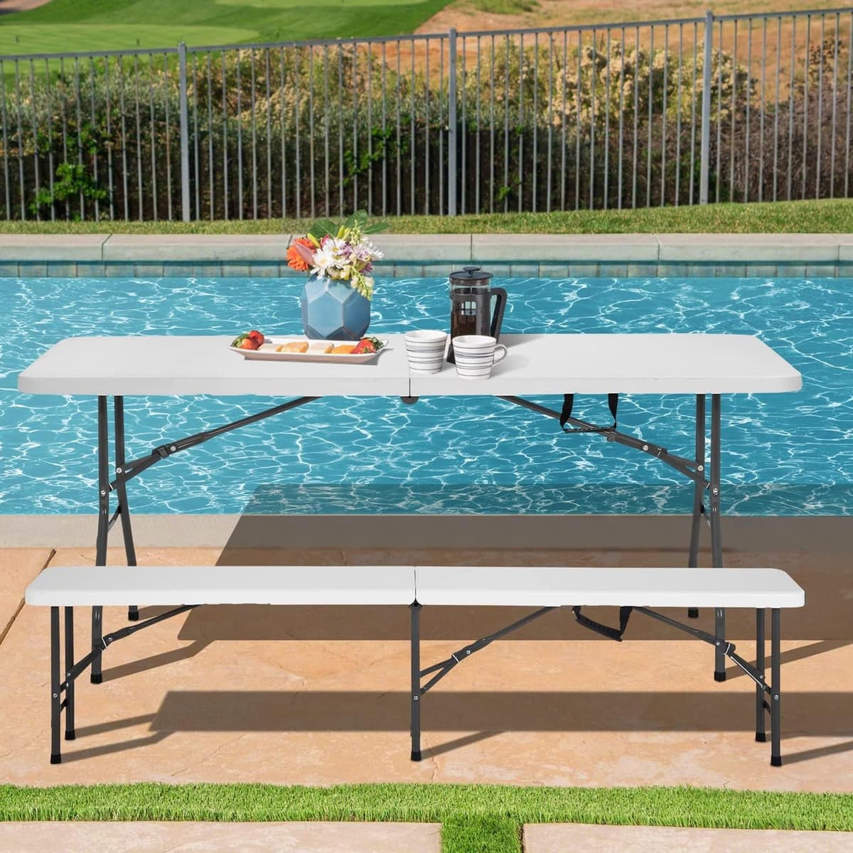 YOEVU Banco Plegable Portátil Multifuncional, Plástico HDPE, 183x28x43cm, Capacidad 300kg, para Jardín Exterior Camping y Patio, Moderno, Blanco — view 2