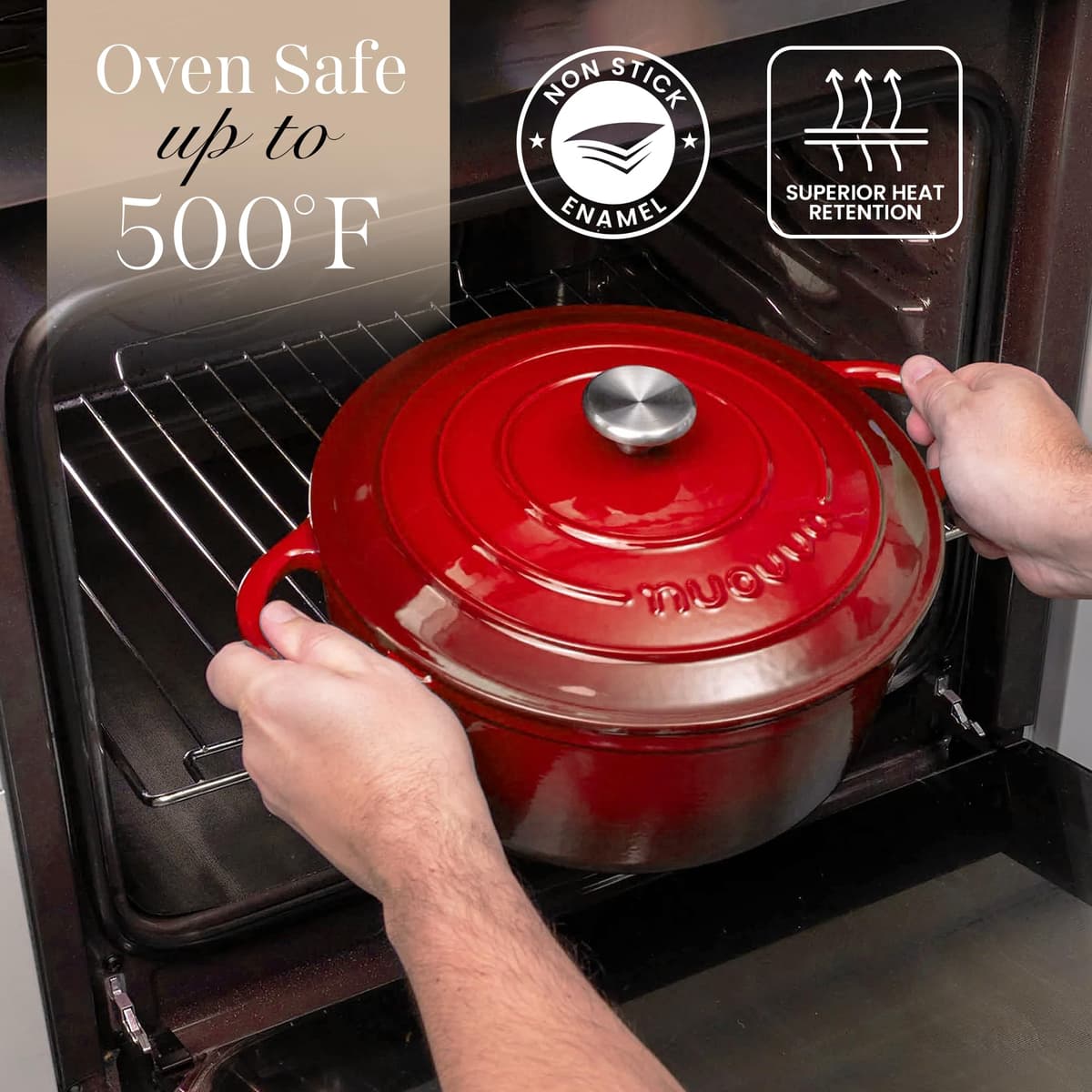 Nuovva Enamelled Cast Iron Dutch Oven Pot with Lid – 6.4 Quart Casserole Dish – Ceramic Dutch Oven for Bread Baking, Roasting, Braising & Stews – Oven Safe up to 500°F – 28cm Red — view 5
