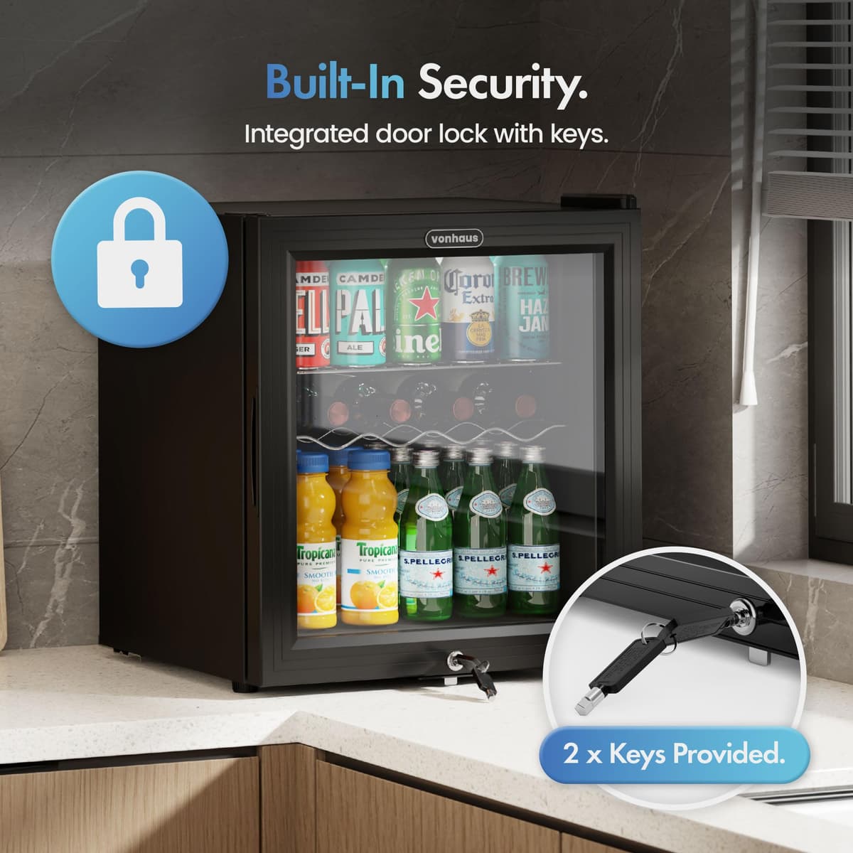 VonHaus Drinks Fridge 50L – Mini Beer & Wine Fridge with Reversible Glass Door & LED Light, Auto Defrost, 0-20°C, Lock & Keys, Table Top Drinks Refrigerator with 43L Net Capacity — view 3