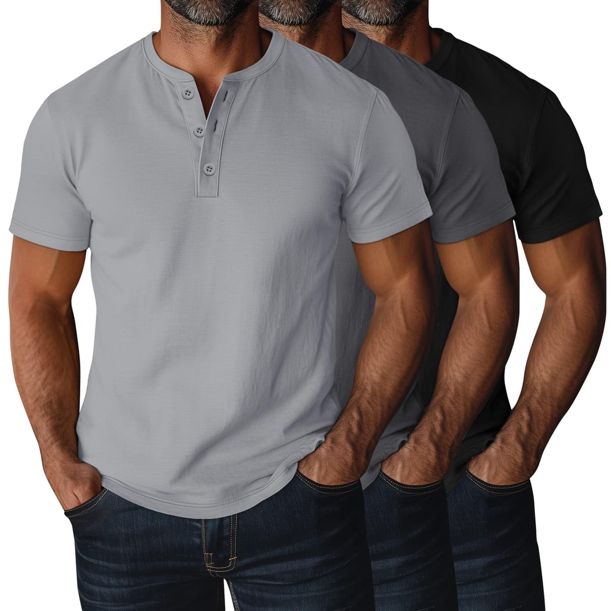 Ficerd 3 Piezas Camisetas Henley para Hombres de Talla Grande y Alta, Manga Corta, Oversize Holgadas, Básicas Casuales Tops — view 8