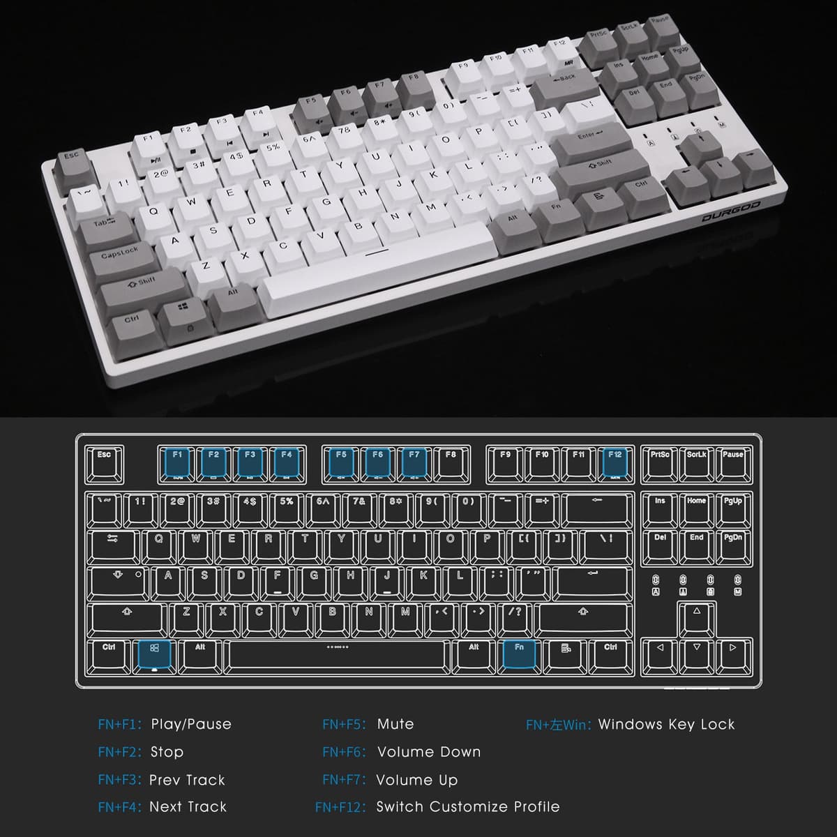 Durgod Taurus K320 TKL Mechanical Keyboard | 87 Keys Tenkeyless | USB C Wired | Doubleshot PBT Keycaps | Programmable Keys | NKRO Rollover | Windows & Mac | Cherry MX Brown, White — view 3