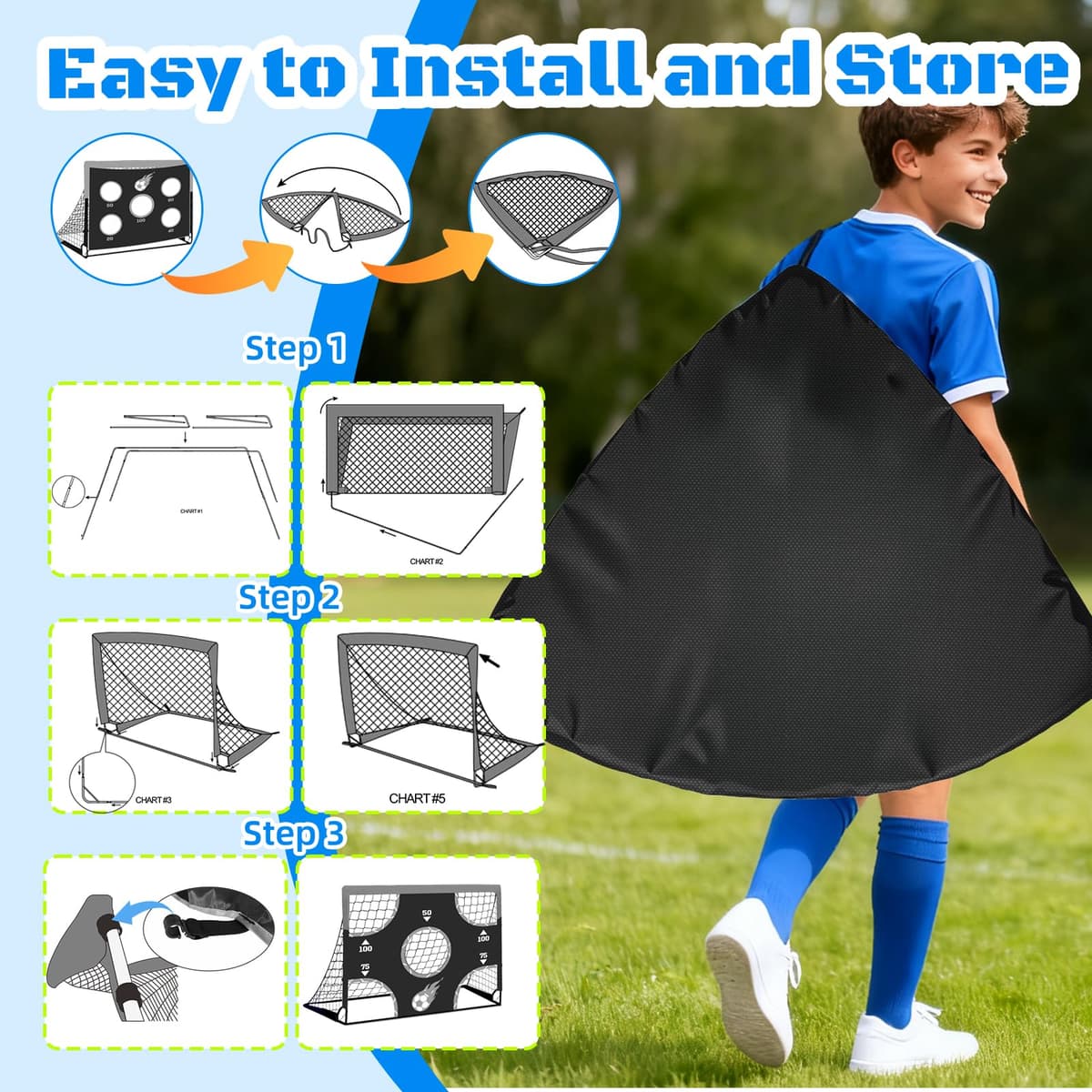 NZQXJXZ Portería de fútbol 3 en 1 para niños, red de fútbol de 150 x 120 cm, postes de portería para jardín con 2 telas intercambiables y una pelota, bolsa de transporte, fácil de montar y plegable — view 5