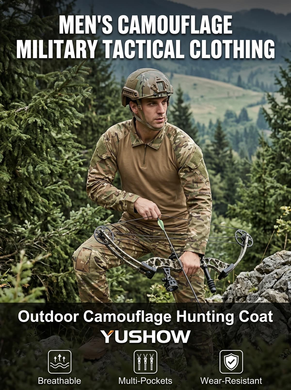 Traje de camuflaje para hombre, camiseta de combate de paintball, pantalones tácticos, manga larga con cremallera 1/4, traje militar, camuflaje al aire libre, ropa de caza BDU.. — view 4