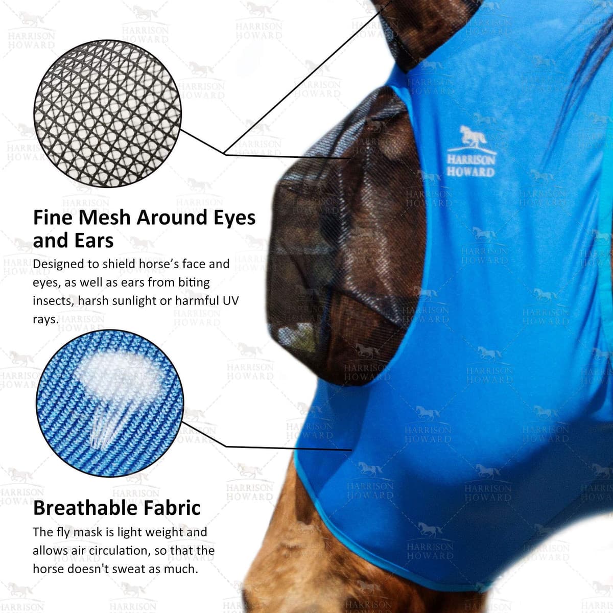 Harrison Howard Super Comfort Stretchy Fly Mask Large Eye Space with UV Protection Soft on Skin with Breathability- Azure Blue M — view 2