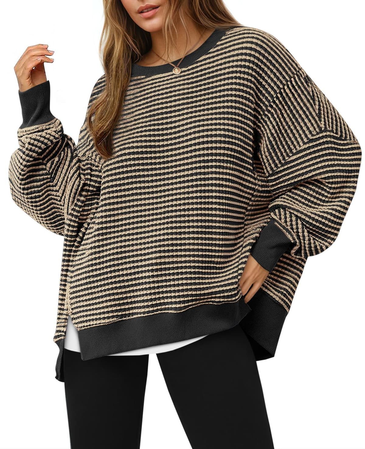 Sudadera de otoño de gran tamaño para mujer, informal, de punto gofre, manga larga, cuello redondo, dividida, túnica — view 8