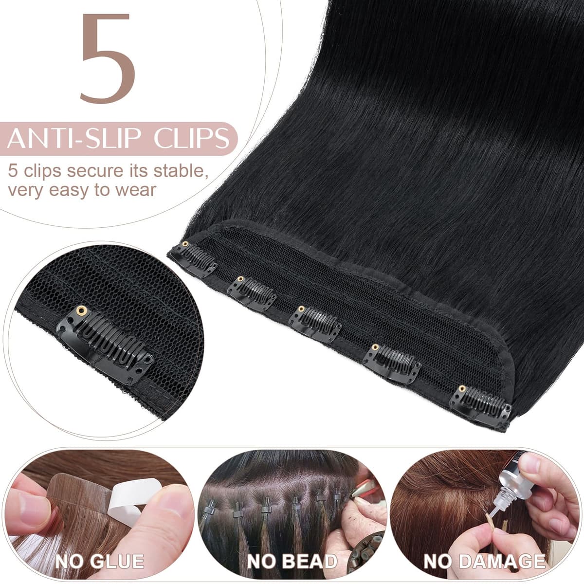 20"(50cm) SEGO Extensiones de Clip de Pelo Natural Una Pieza GRUESA con 5 Clips [#1 Negro Intenso] Remy Cabello Humano Liso (95g) — view 3