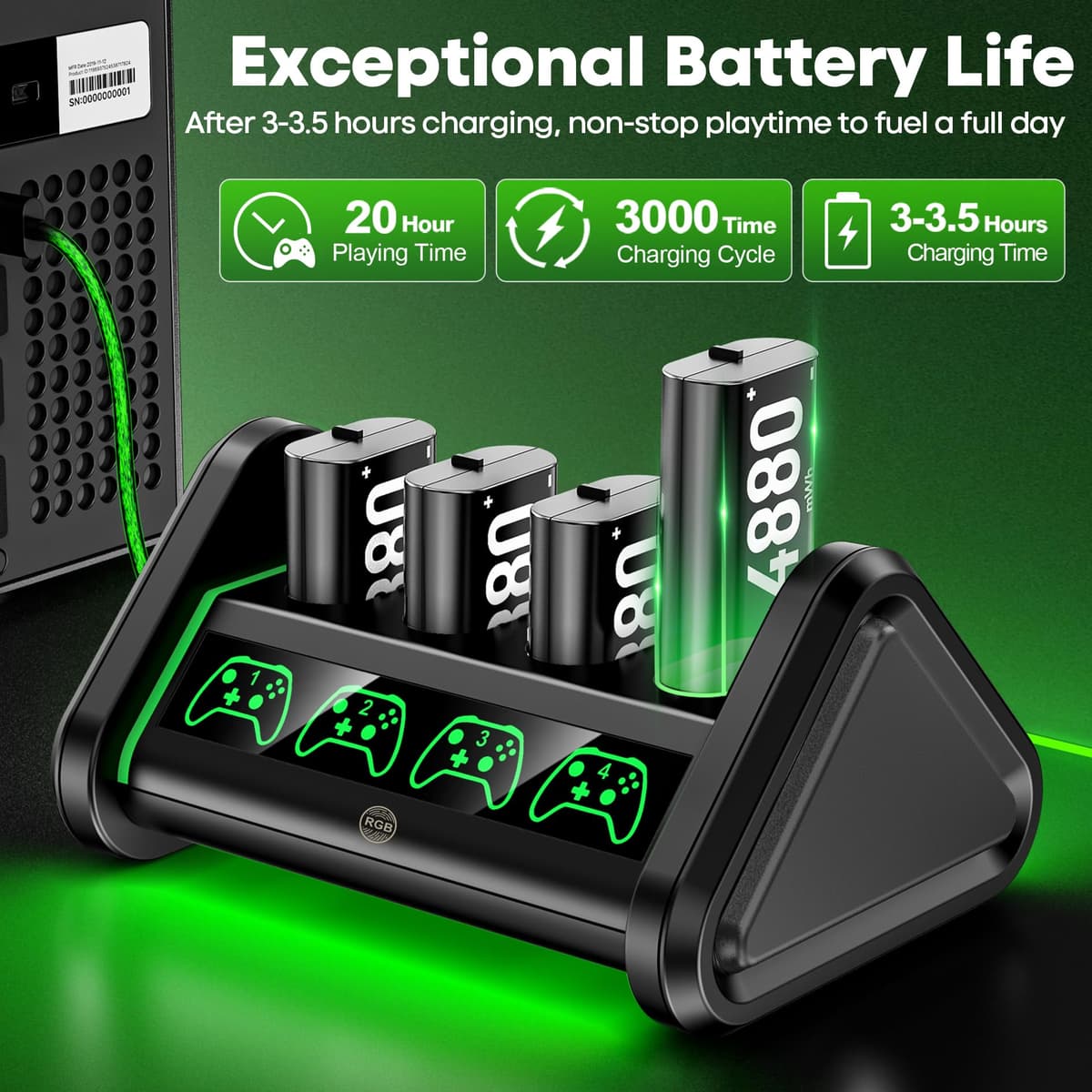 OIVO Rechargeable Battery for XboxOne/Xbox Series X|S, 4 x 4880mWh Xbox Batteries, Xbx Series Battery Charger Station for XboxOne S|X/Elite Controllers — view 4