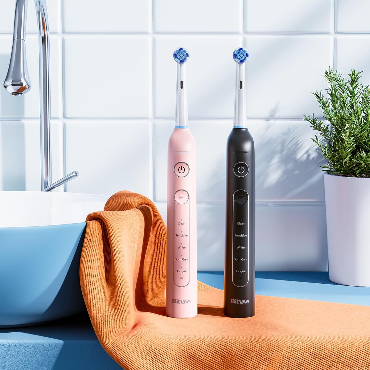 Bitvae Cepillo de Dientes Eléctrico Giratorio, 2 Paquetes para Adultos con Sensor de Presión, Regalos para Hombres Y mujeres, 5 Modos de Cepillo de Dientes Recargable con 8 Cabezales de Cepillo, Negro — view 4