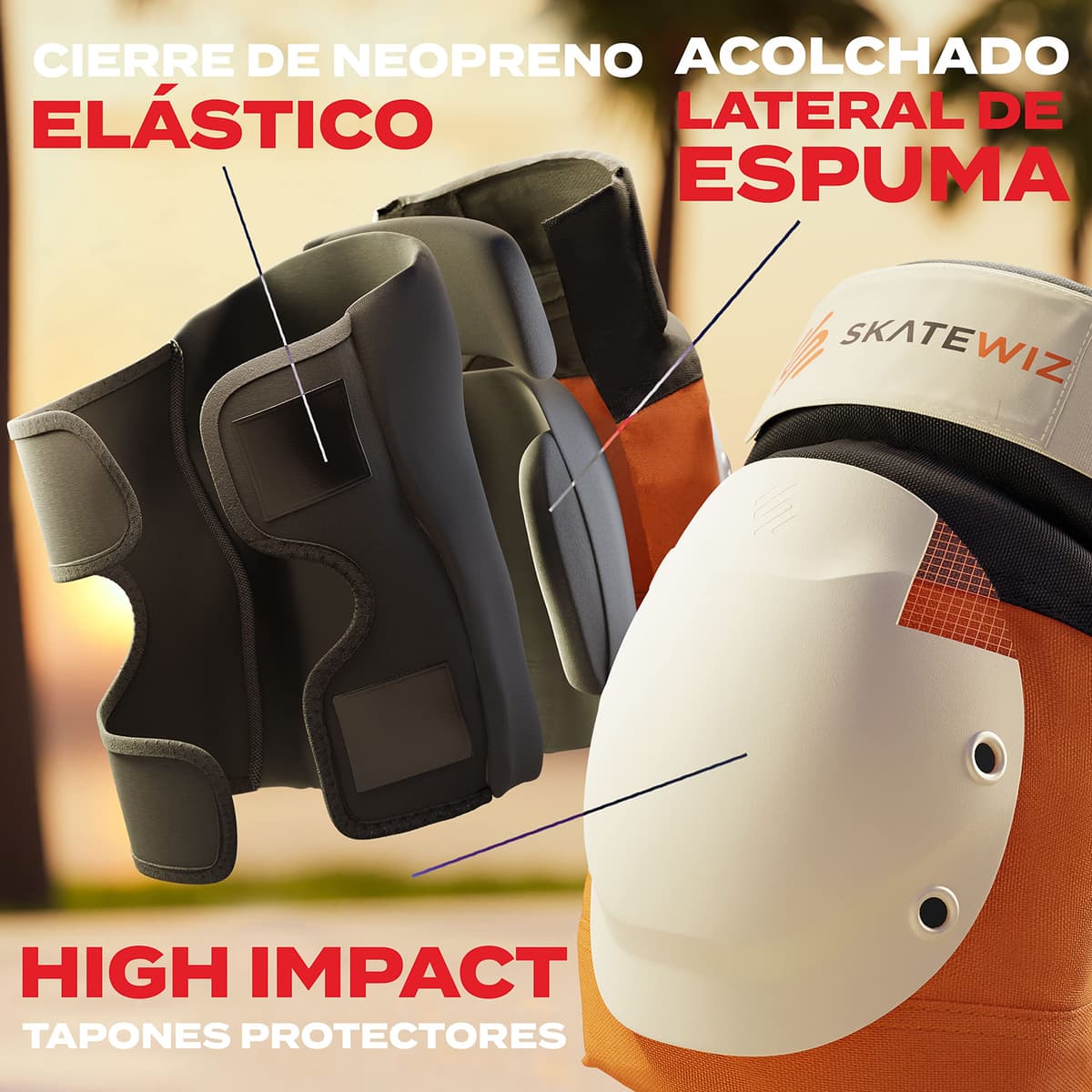 SKATEWIZ Protecciones Patines Adulto, Rodilleras Skate - Protecciones Patines de Hielo - Kit Protección Skate - Rodilleras y Coderas Adulto - Shield Talla L Naranja — view 3