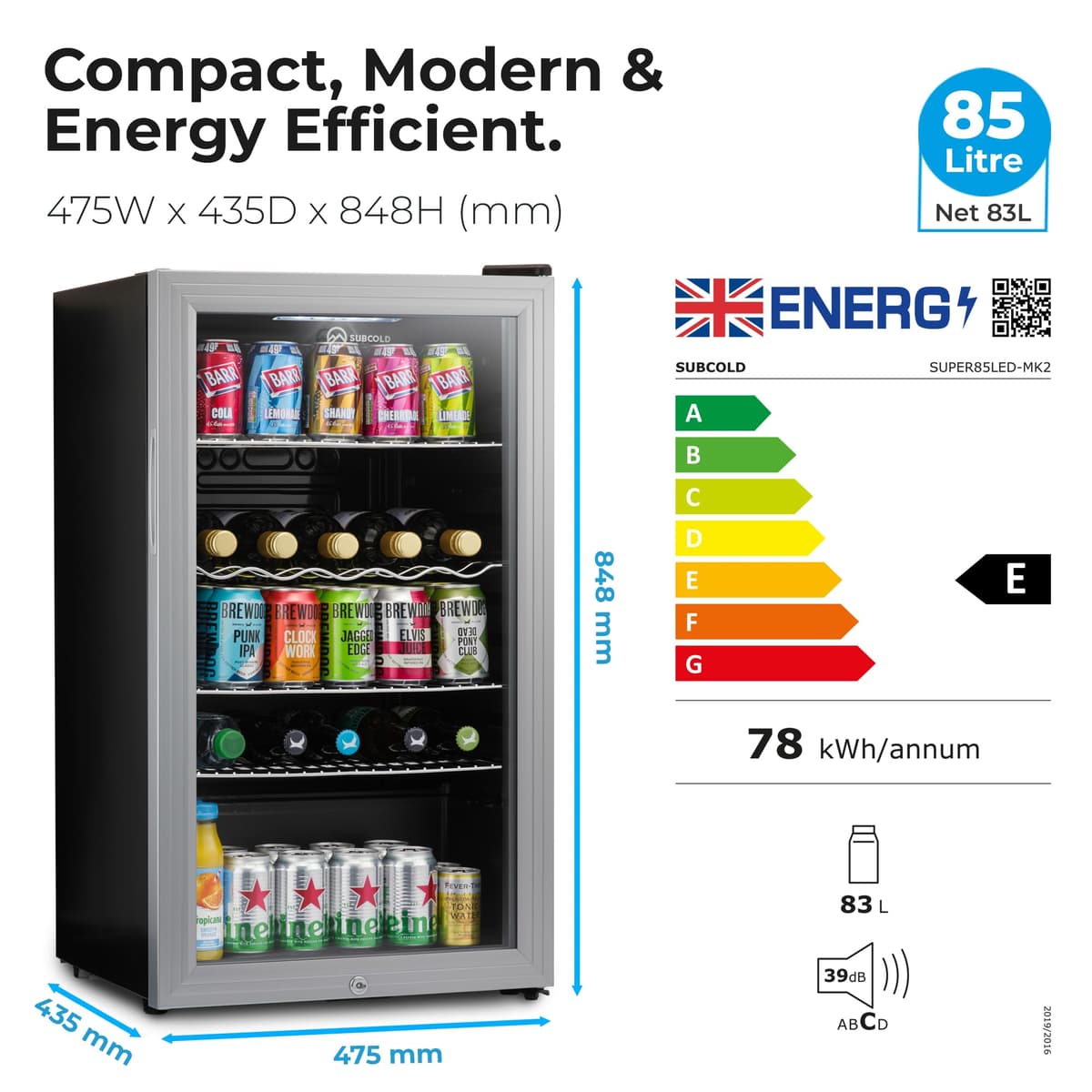 Subcold Super85 LED - Under-Counter Fridge | 85L Beer, Wine & Drinks Fridge | LED Light + Lock and Key | Energy Efficient (Silver, 85L) — view 3