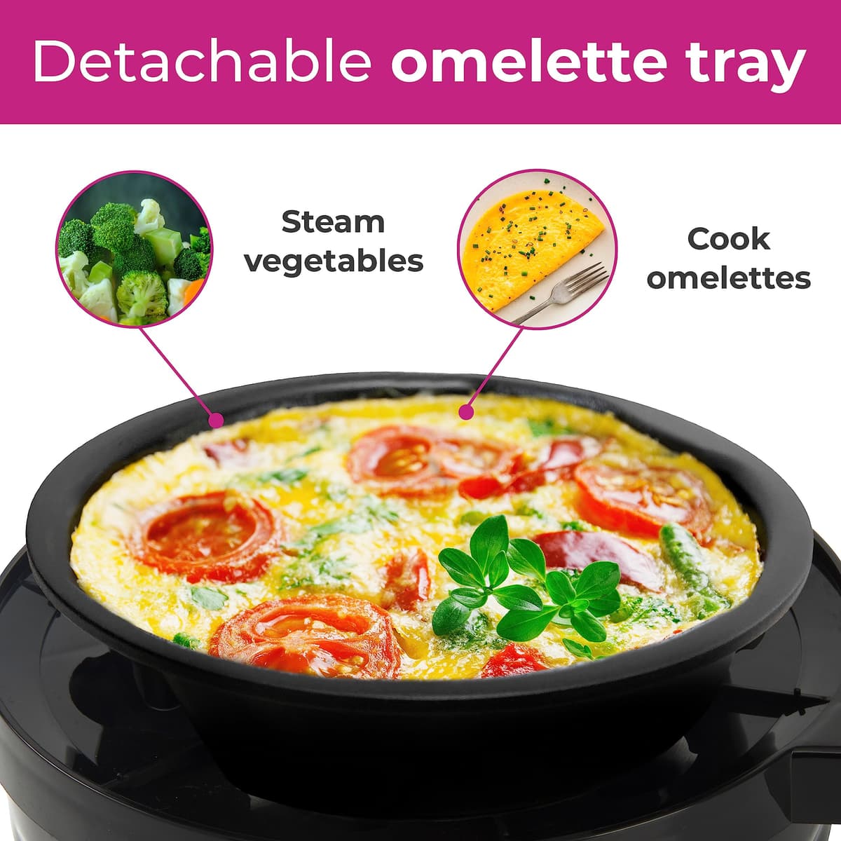 Neo 3 in 1 Durable Kitchen Electric Egg Cooker, Boiler, Poacher Poached Boiled & Omelette Maker Metal Machine Steamer with Timer (Black and Silver) — view 7
