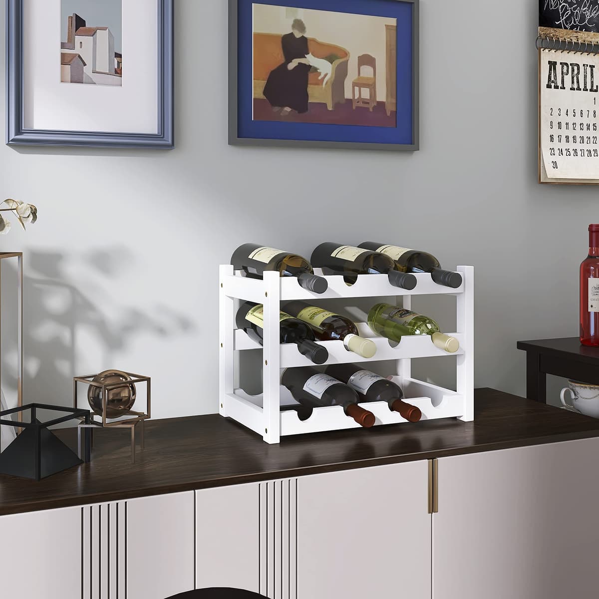 SMIBUY Botellero de bambú, Soporte para 12 Botellas, estantes de Almacenamiento Independientes de 3 Niveles para Cocina, despensa, Bodega, Bar (Blanco) — view 2