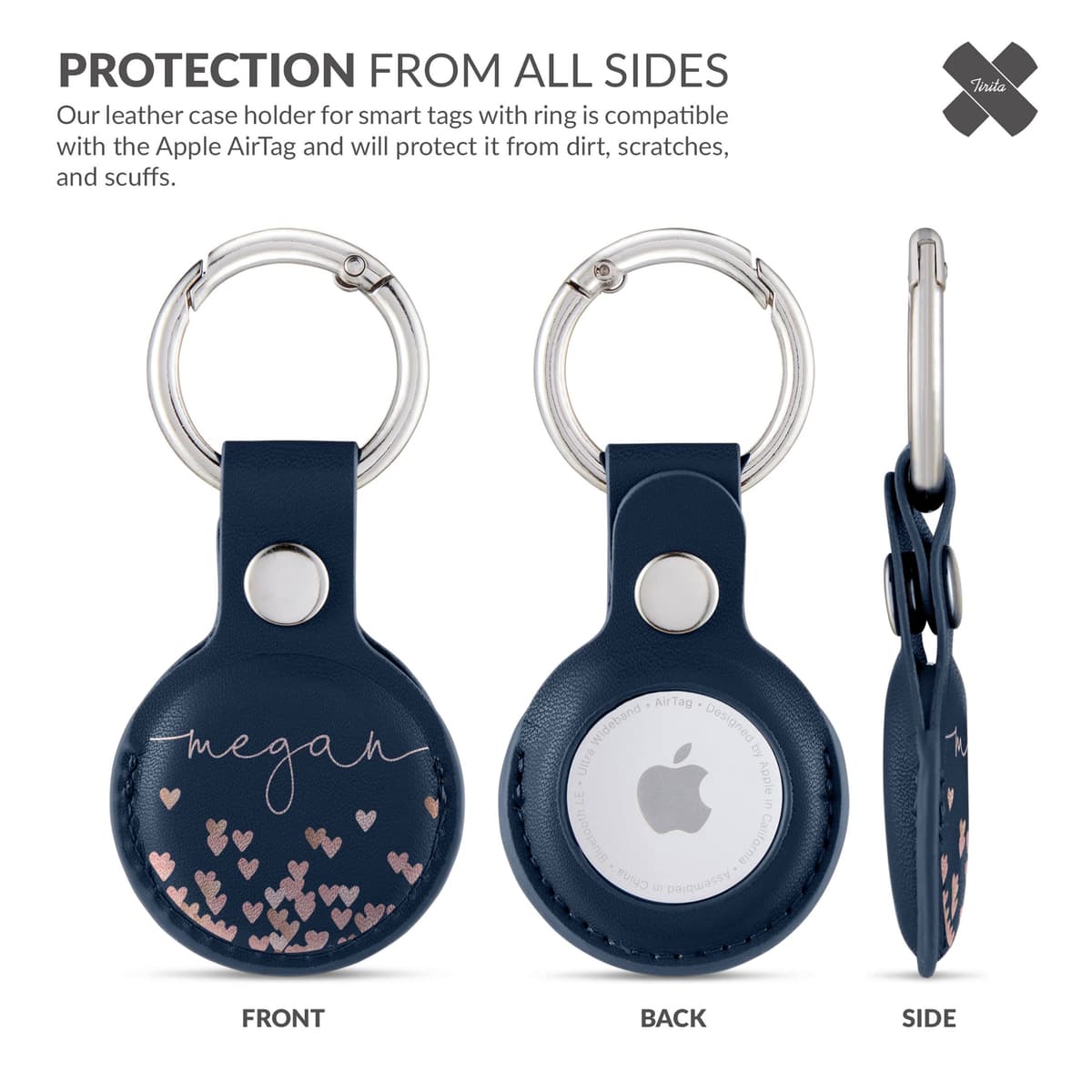 Tirita Personalised Case Keyring Holder Compatible with Apple AirTag 1 & 2 - Leather Case with Key Ring for Apple Air Tag [10- Rose Gold Hearts Rain on Blue] — view 3