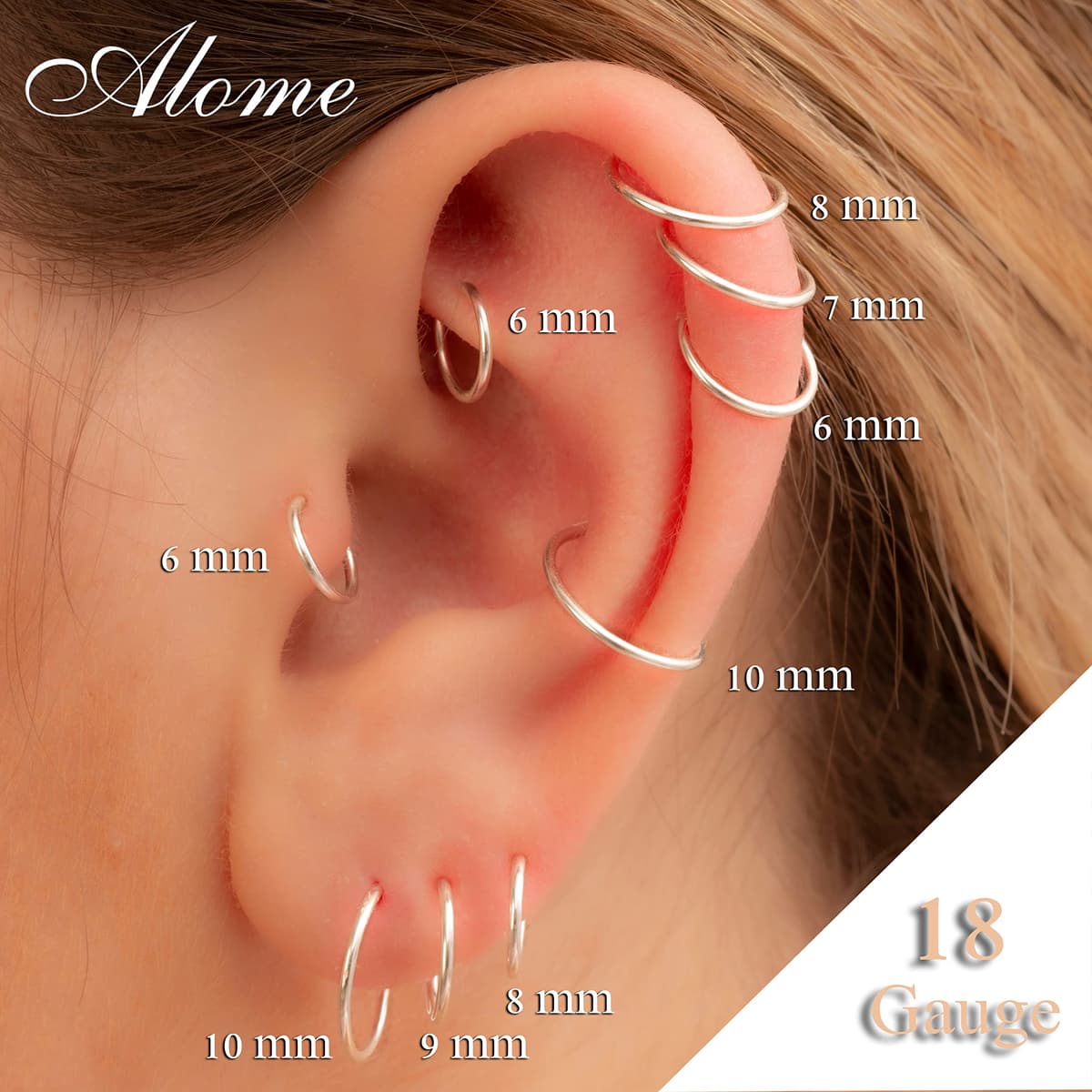 Silver Nose Piercing Nose Hoop Small Sterling Silver Huggie Hoop Earrings for Women Cartilage Nose Helix Tragus (Silver, 9mm 18 gauge / 1 pair) — view 3