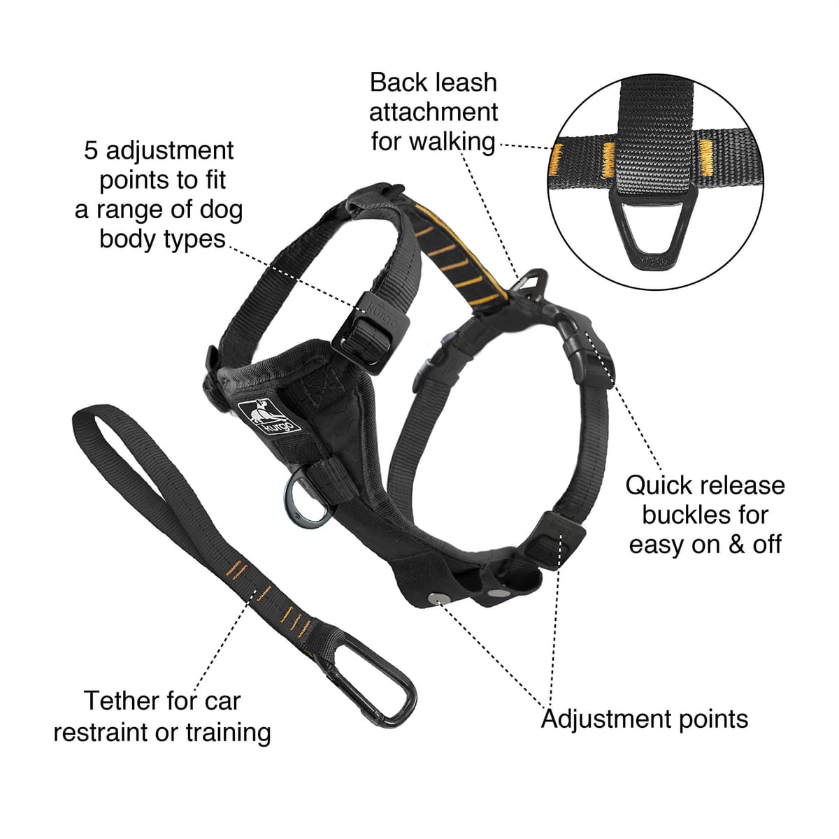 Kurgo Tru-Fit Smart Dog Walking Harness - Comfortable Fit - Adjustable Harness - Reflective Pet Wear - Quick Strap Release - Daily Walk Accessory - Includes Seat Belt Loop - Black - Medium — view 2