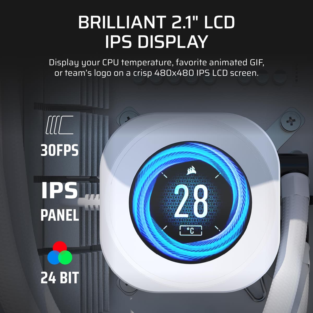 Corsair NAUTILUS 240 RS LCD Liquid CPU Cooler – 2.1" IPS LCD Screen, 240mm AIO, Low-Noise, Daisy-Chain, Intel LGA 1851/1700, AMD AM5/AM4 – 2x RS120 Fans Included – White — view 3