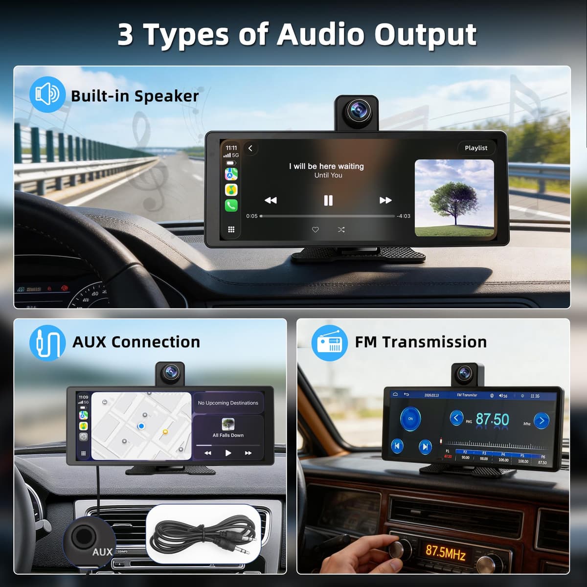 10.26" Wireless Carplay & Android Auto Screen for Car - Portable Car Stereo with 1080P Adjustable Dash Cam Front | Mirror Link | FM Transmitter/AUX | Plug & Play (10.26, Inches) — view 3
