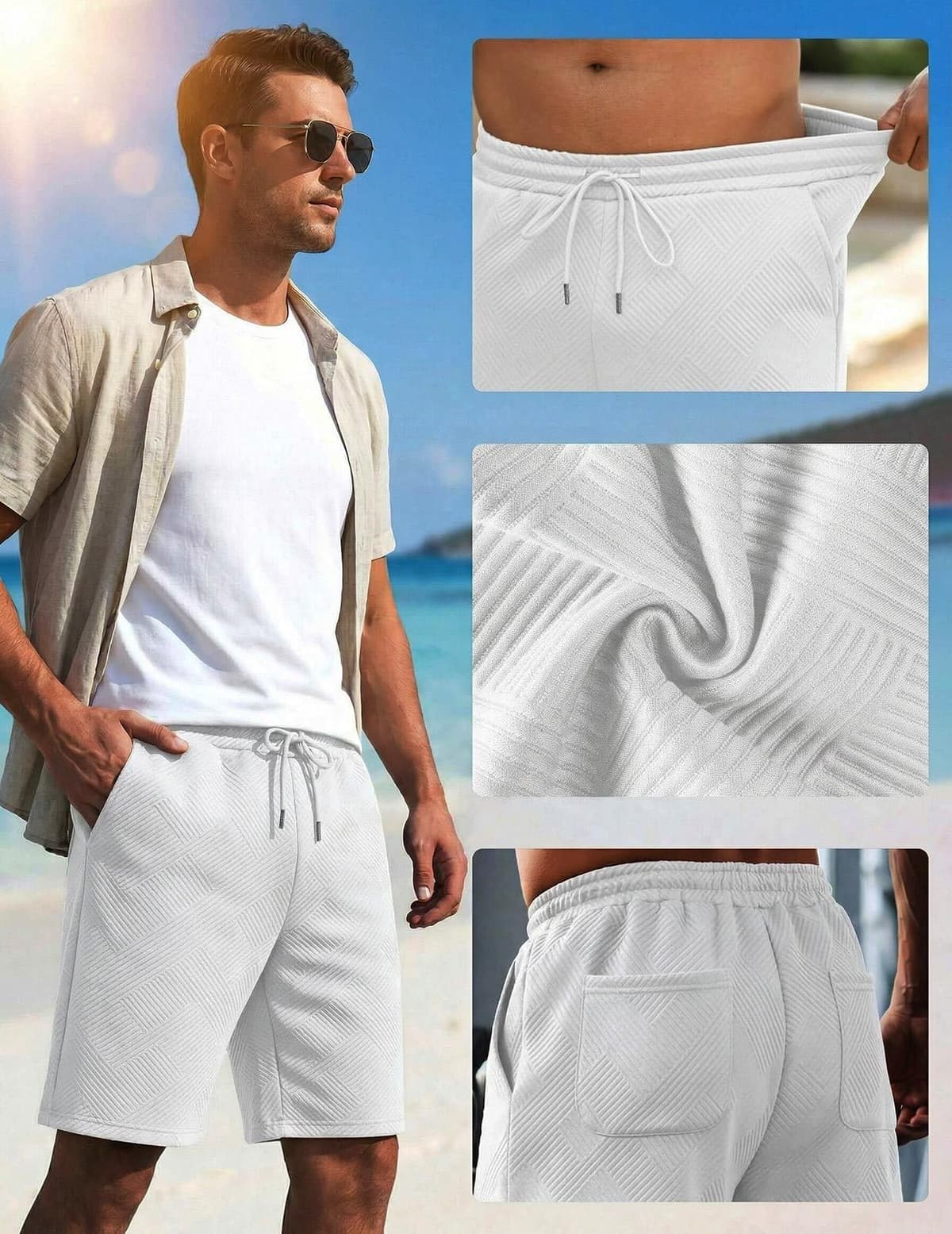 Halfword Pantalones Cortos Hombre Shorts Casual Tejido hasta la Rodilla Textura Gruesos Verano Cintura Elástica Bermudas Casa — view 2
