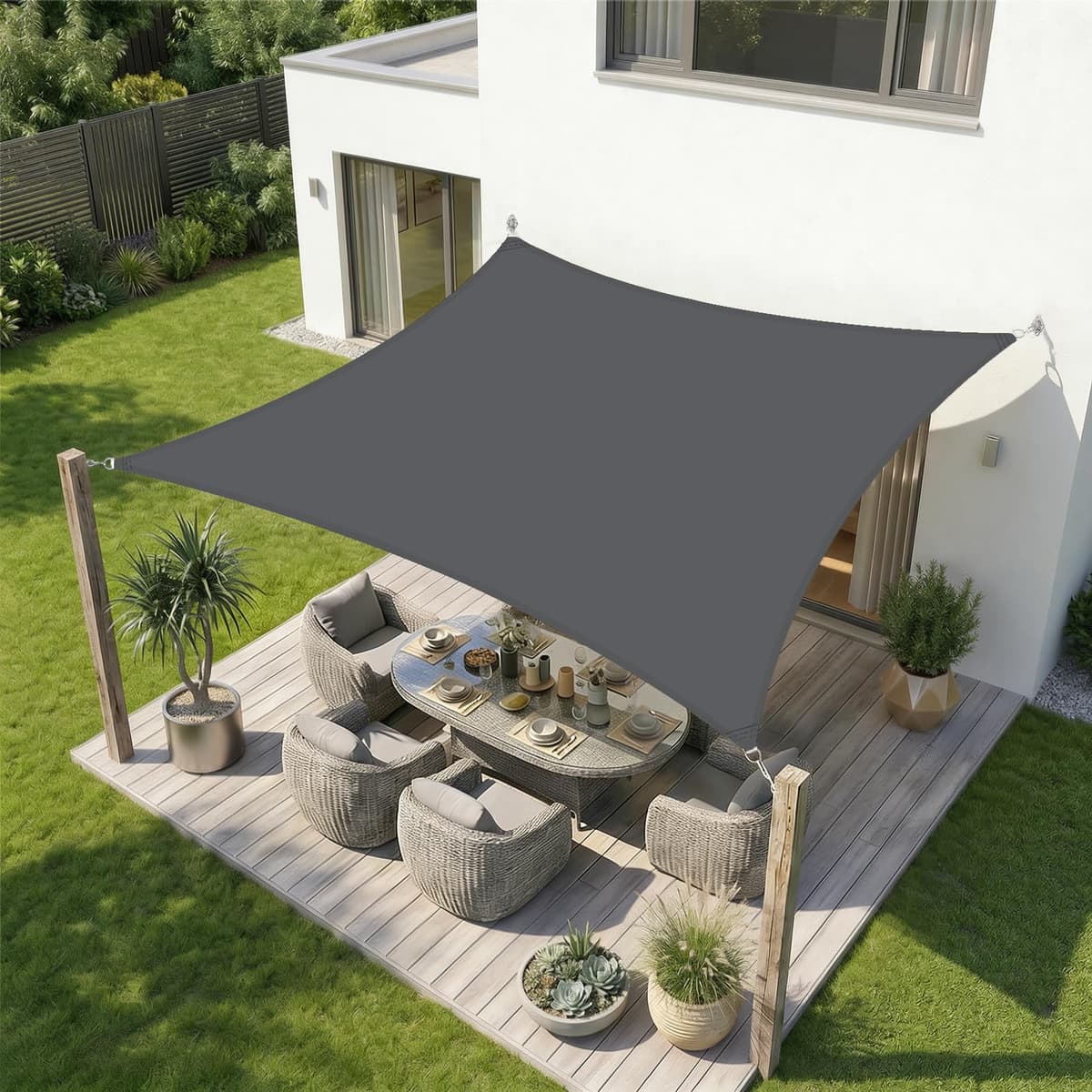 Sekey Toldo Vela de Sombra Impermeable 2x3m Rectangular Protección Rayos UV, Resistente al Desgarro, para Terraza Balcon Patio Exteriores Jardín, con Ojales y Cuerdas de Fijación, Gris Pardo — view 5