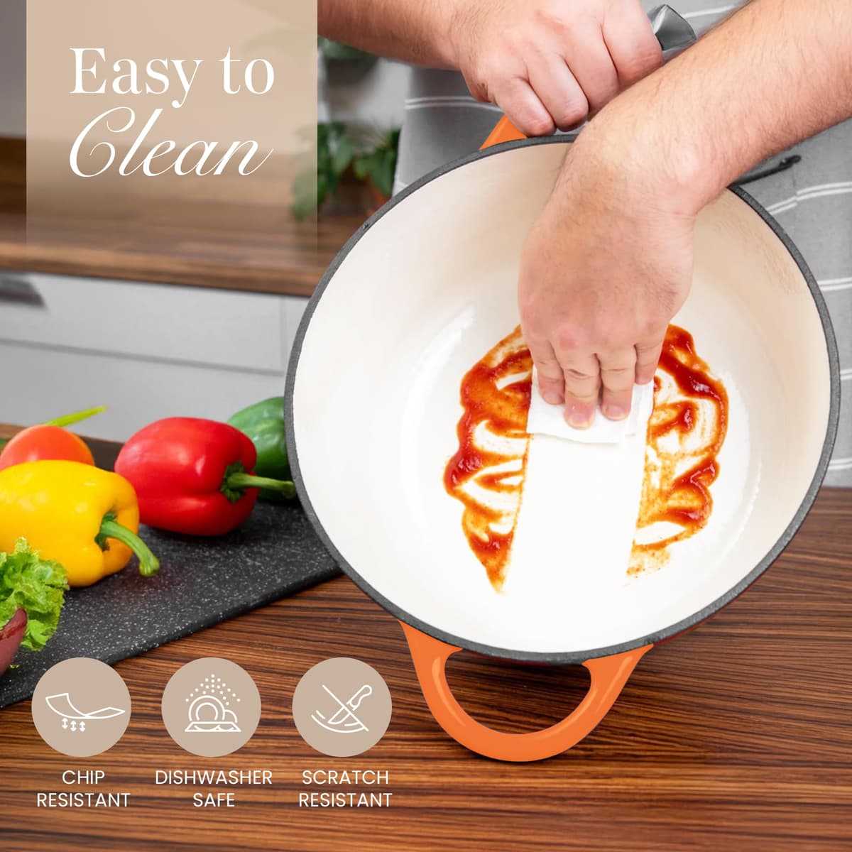 Nuovva Enamelled Cast Iron Dutch Oven Pot with Lid – 5 Quart Casserole Dish – Ceramic Dutch Oven for Bread Baking, Roasting, Braising & Stews – Oven Safe up to 500°F – 24cm Orange — view 9