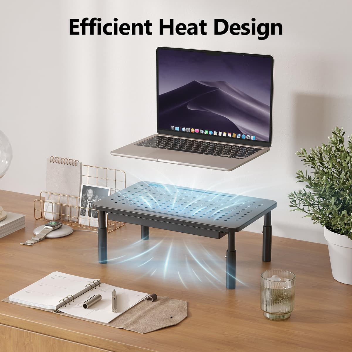 BONTEC Monitor Stand with Drawer, 3 Height Adjustable Monitor Riser for Desk, Mesh Platform for Laptop, Computer, iMac, Printer up to 20KG, Desk Organizer with Cable Ties Included — view 6