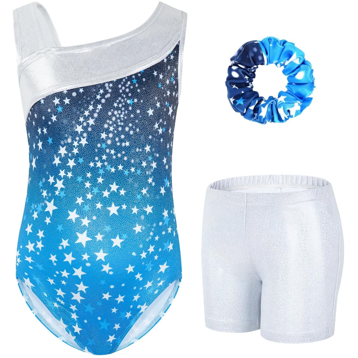 Gogokids Conjunto de gimnasia de tres piezas para niña, cuello en Y, sin mangas, con pantalones cortos y diadema, traje de gimnasia con diseño de bloques de color azul y morado, 3-12 años — view 34
