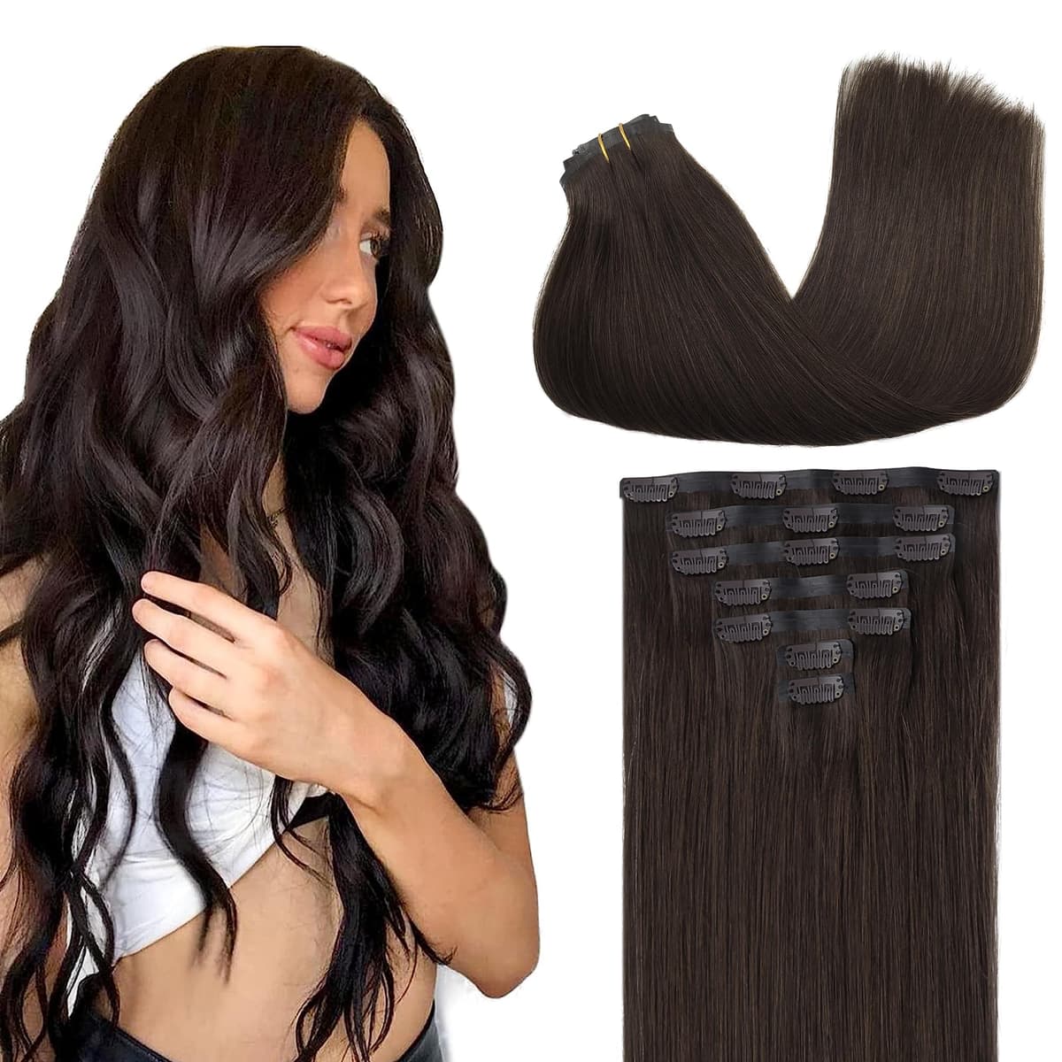 GOO GOO Clip in Hair Extensions Human Hair, 18inch 150g 9Pcs, #2 Dark Brown, Hair extensions for women, Human Hair Extensions Clip in — view 130