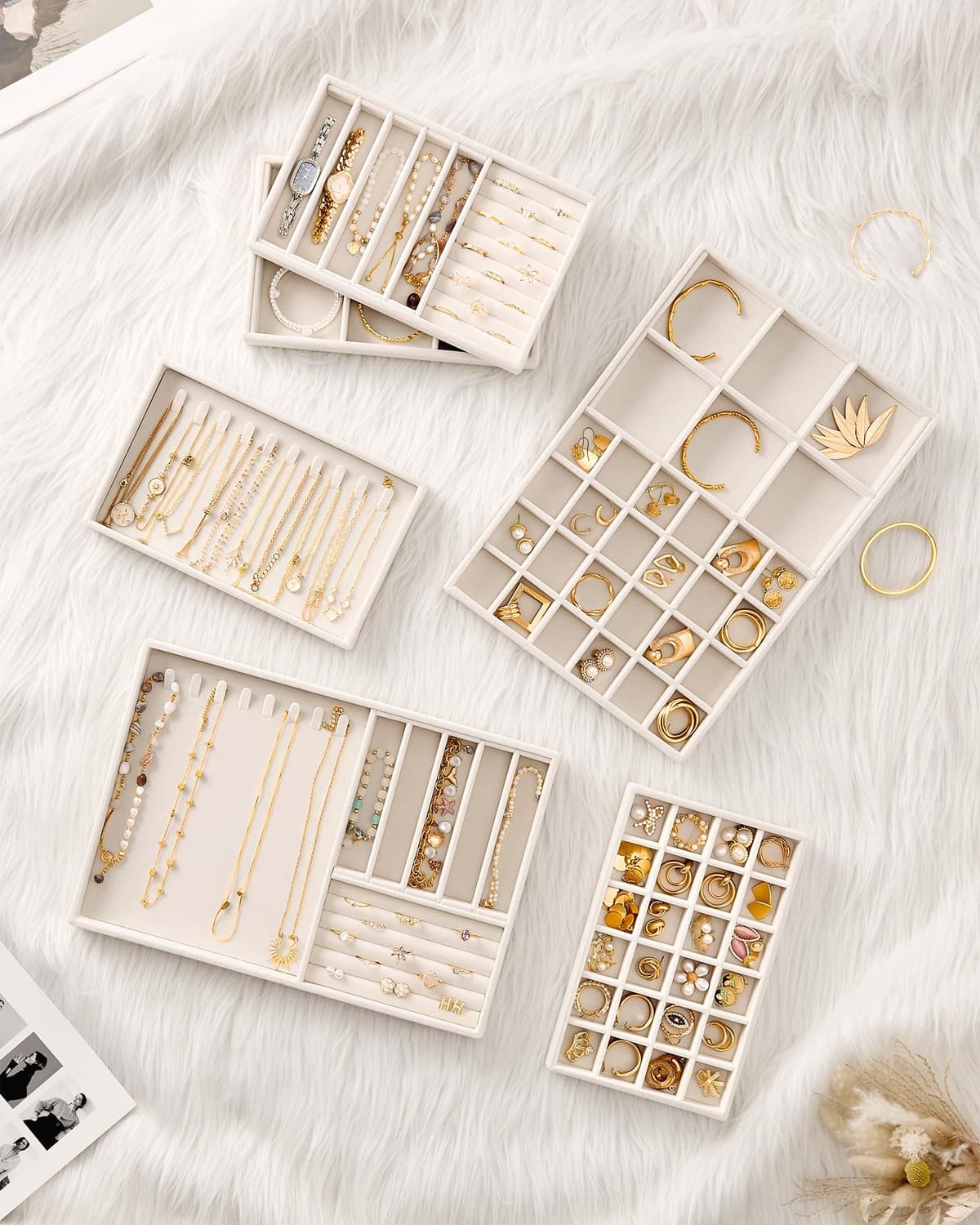 Lolalet Insertos para Cajón de Joyas, Bandejas Apilables de Terciopelo, Juego de Organizadores y Expositores para Collares, Pulseras, Aretes, Anillos, Cadenas, Brazaletes, Relojes - Beige, Juego de 4 — view 5