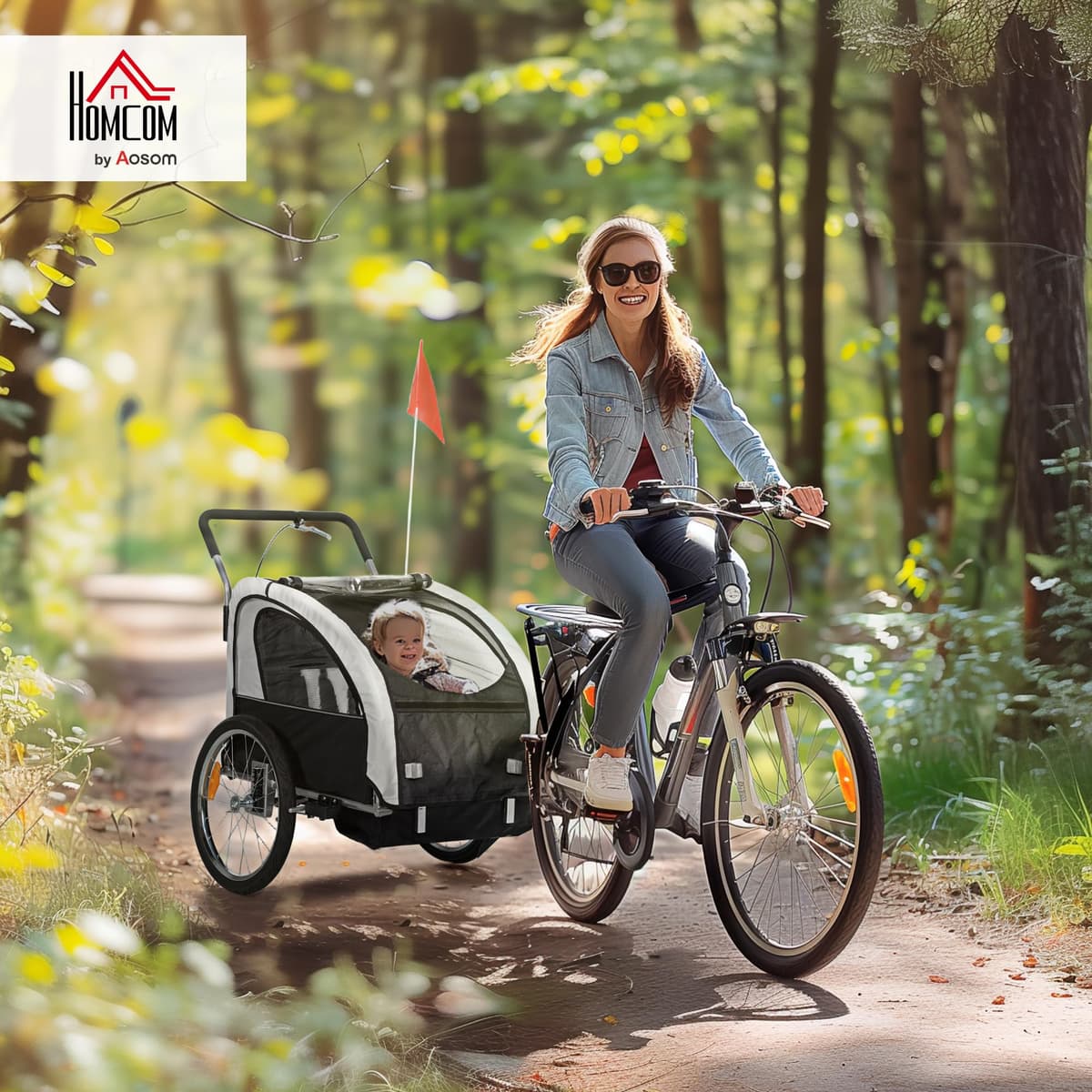 HOMCOM 2 Seat Bike Trailer for Kids, Baby Bike Stroller with 5 Point Harness, Child Bicycle Trailer with Safety Flag, Reflectors, Windproof Curtain, for 18+ Months, Black — view 2