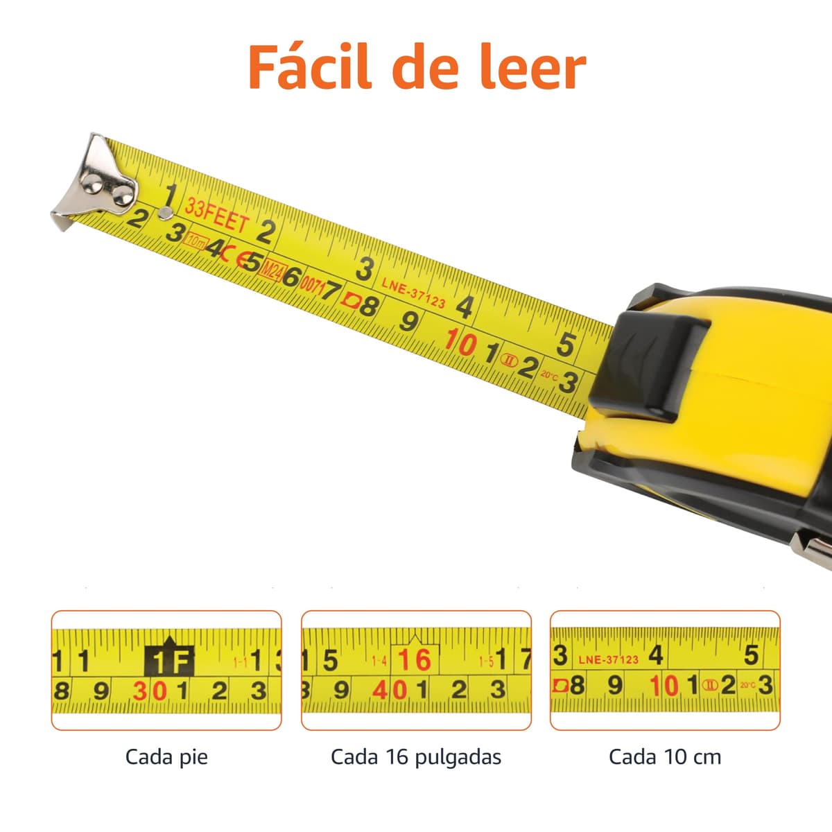 Amazon Basics Cinta métrica con cierre automático, escala y en pulgadas, precisión MID, 10 m (Paquete de 1), Negro, Amarillo — view 2