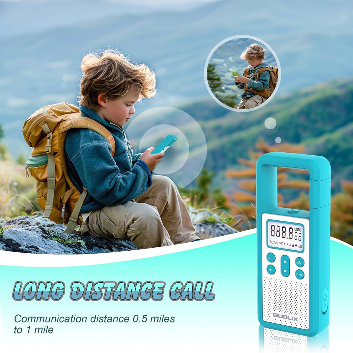 Walkie Talkie Largo Alcance, QUOLIX 4pcs Profesional USB Recargable con Batería Incorporada 8 Canales Radio - Fácil Emparejamiento Alerta SOS Activado por Voz VOX LED Linternas para Adultos Niños — view 2