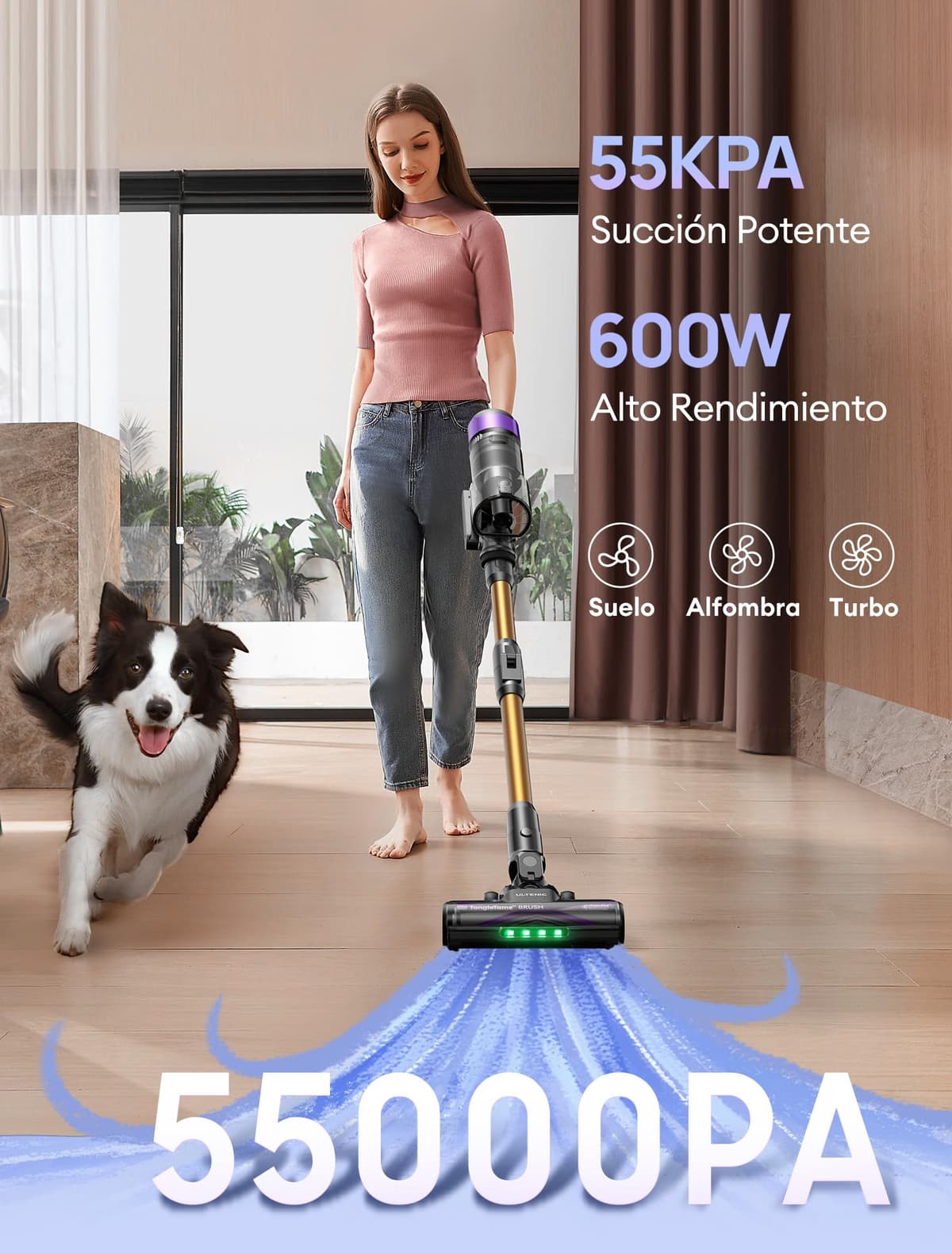Ultenic U20 Aspiradora sin Cable 55Kpa/55Min, Cepillo Anti-Enredo Mejorado, Aspirador Escoba con Brazo Flexible, Limpieza Ultraprofunda Bajo Muebles sin Agacharse, para Alfombra/Pelo de Mascotas — view 2