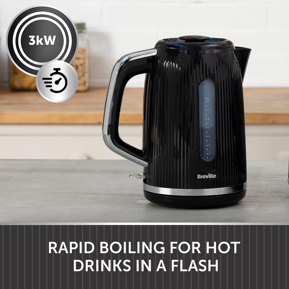 Breville Bold Black Electric Kettle | 1.7L | 3kW Fast Boil | Black & Silver Chrome [VKT221] — view 2