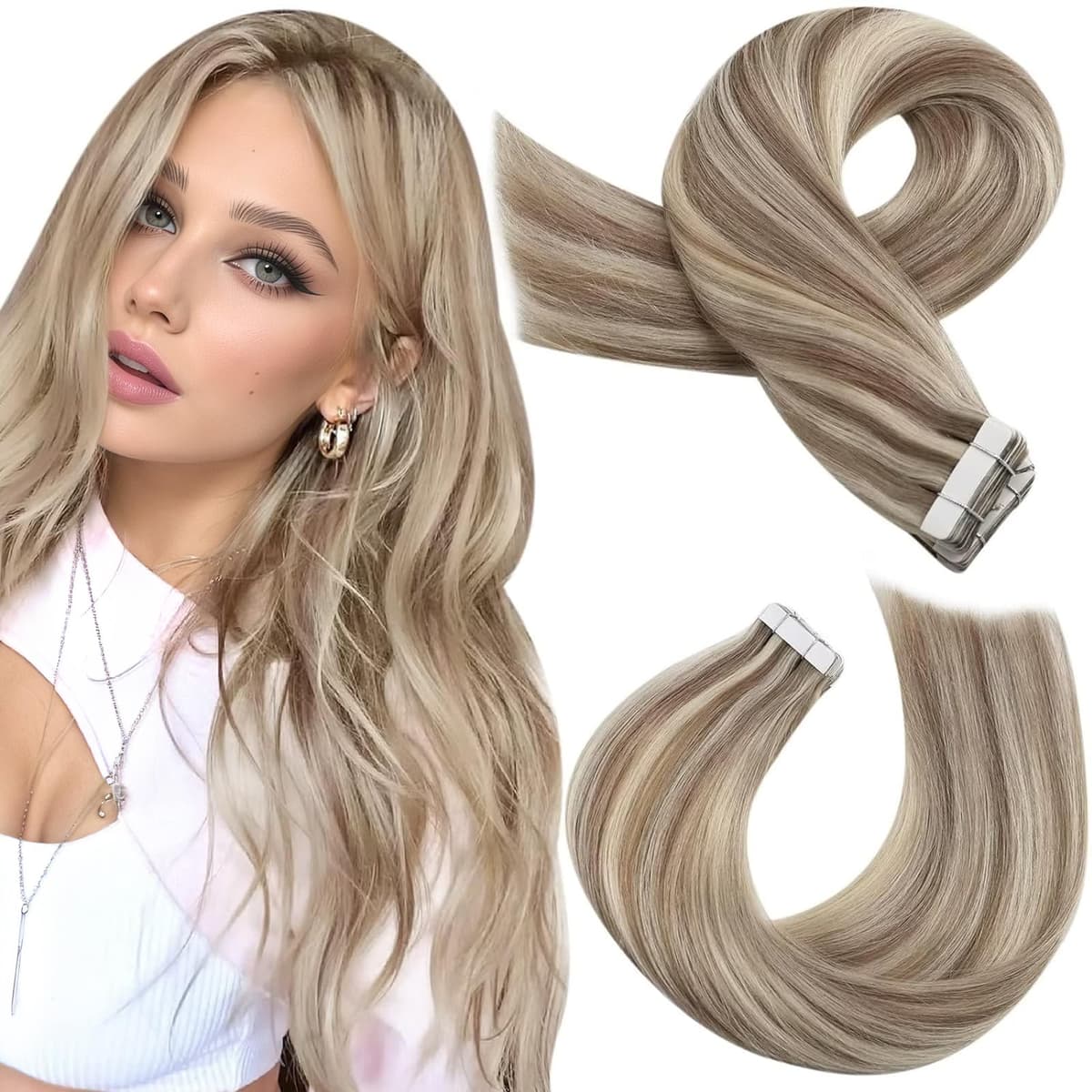 Moresoo Tape in Human Hair Extensions 20 Inch Highlight 50g/20pcs Tape in Hair Extensions Human Hair Ash Blonde with Platinum Blonde #P18/613 — view 15