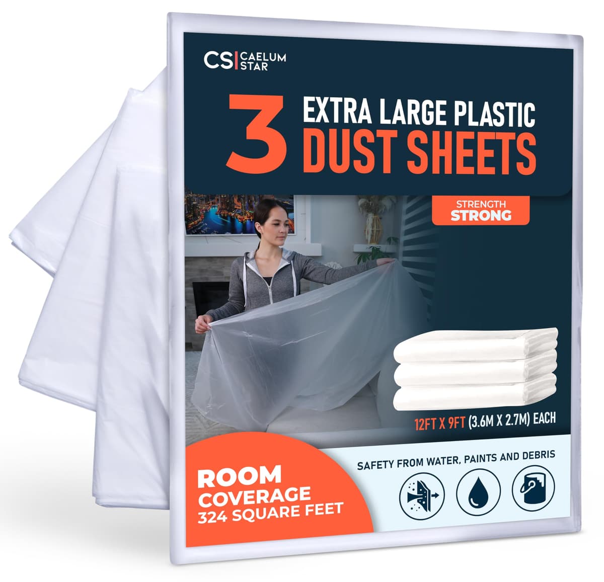 CS 6 Pack Plastic Dust Sheets for Decorating 3.6 x 2.7m (12x9 ft), Extra Large Dust Sheets for Painting, Clear Plastic Sheet Polythene Sheeting Painting Tools, Decorating Tools, Home Improvement — view 10