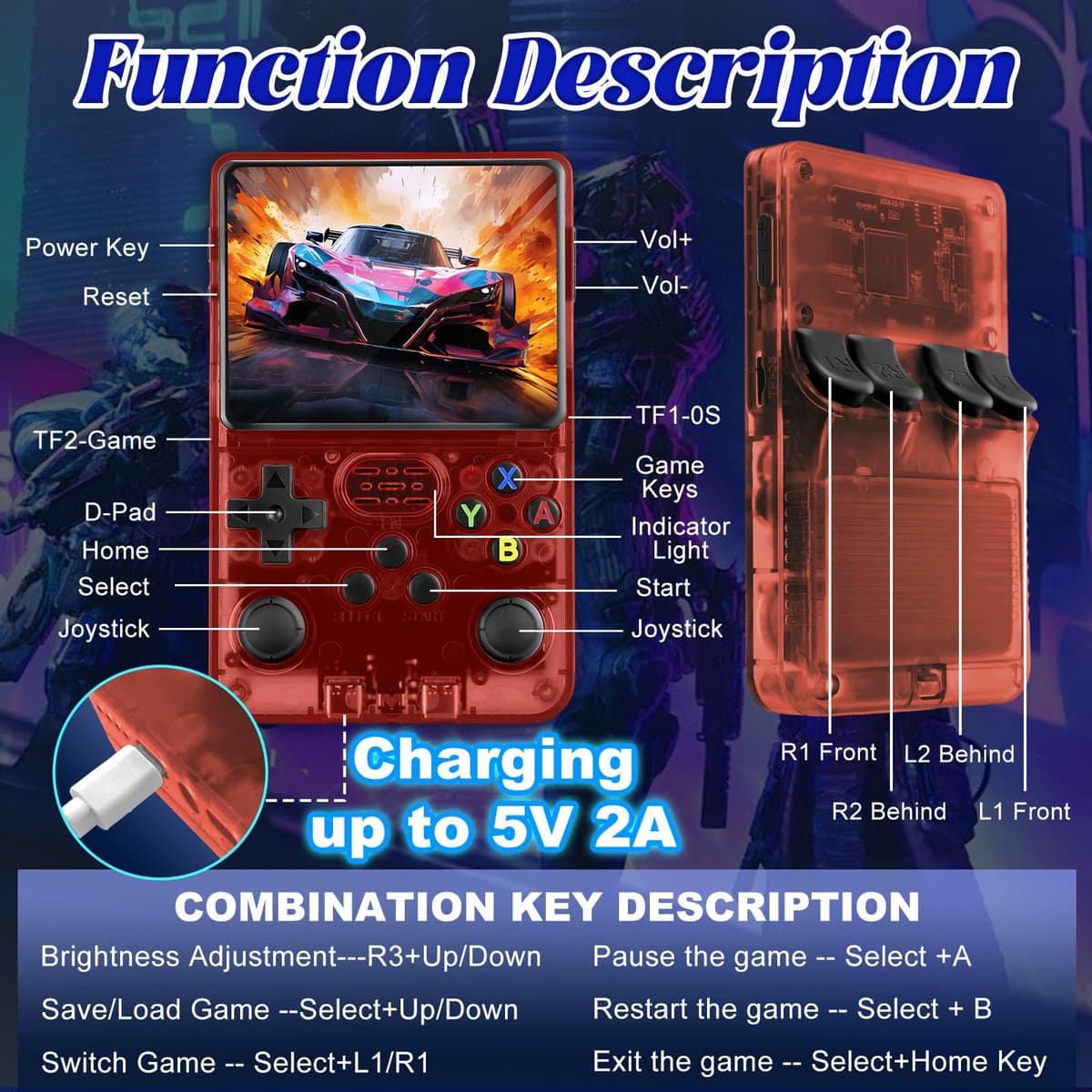 Retro Video Game Console R36S-3000 mAhBattery,3.5 Inch HD Screen,64GB TF Card,Open Source Linux Operating System, 20000+ Classic Video Games-Red — view 8