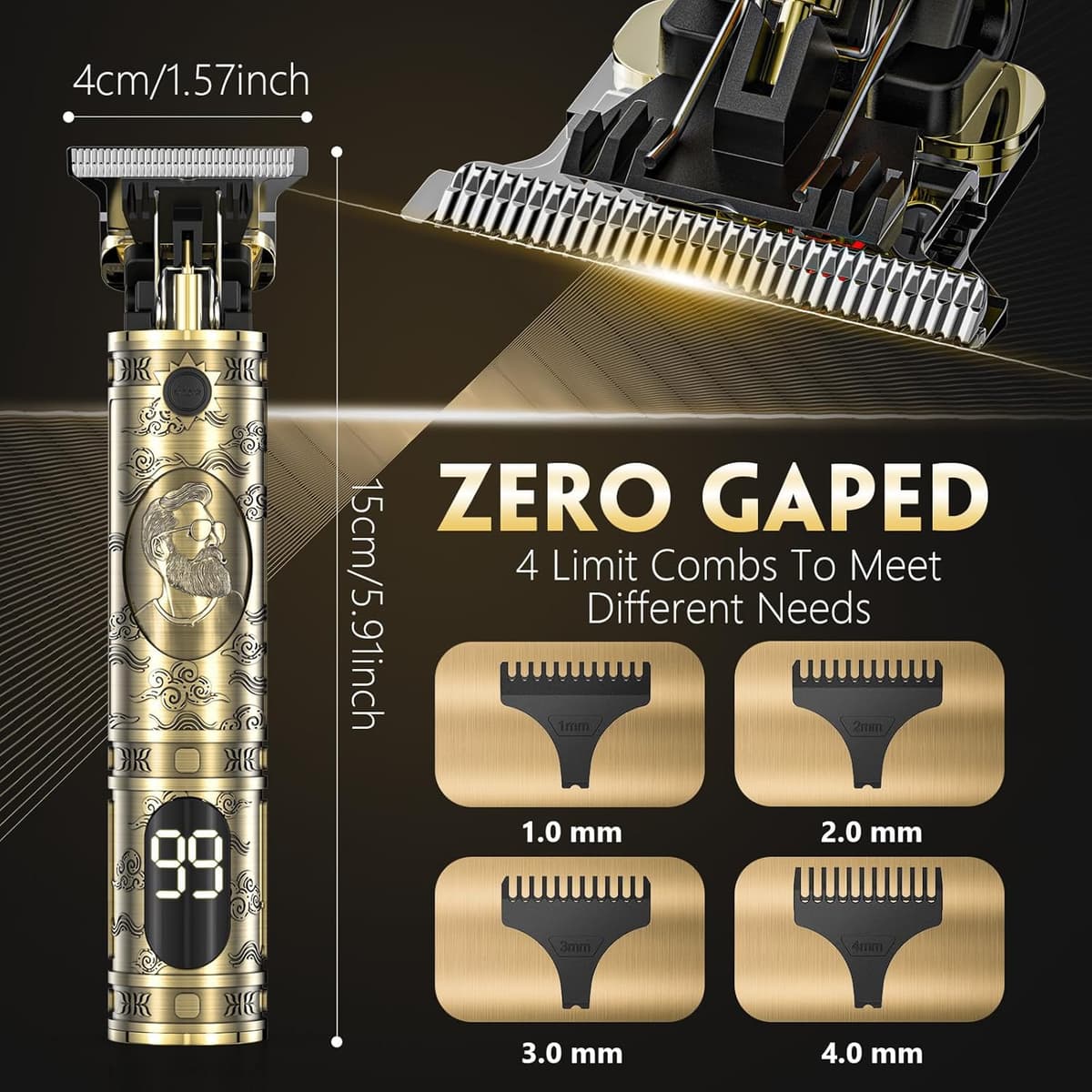 Men's Hair Clippers, Electric Man Shaving Machine with LED Hair Clippers Trimmer Beard Cordless Razor Hair Cutting for Home and Salon (Bronze) — view 5