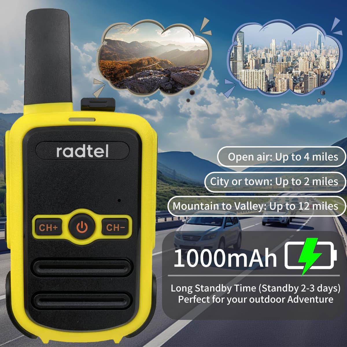 Radtel RT12 PMR446 Walkie Talkie Recargables 16 Canales Licencia Libre Radio CTCSS DCS Walky Walky Radiocomunicación con Carga Tipo USB para Construccion Restaurante Supermercado (Yellow) — view 3