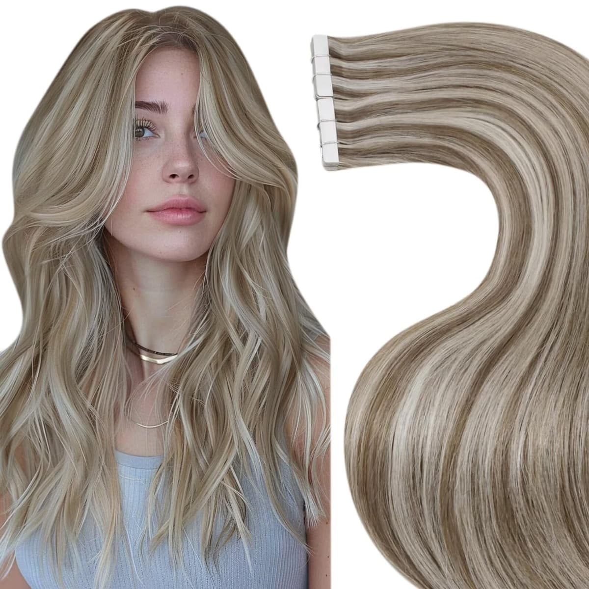 LaaVoo Tape in Hair Extensions Human Hair Blonde Tape Hair Extensions Real Human Hair Invisible Tapes Remy Straight Balayage Brown to Blonde Hair Double Sided Tabs 20pcs 50g 16 Inch #8/18/60 — view 43