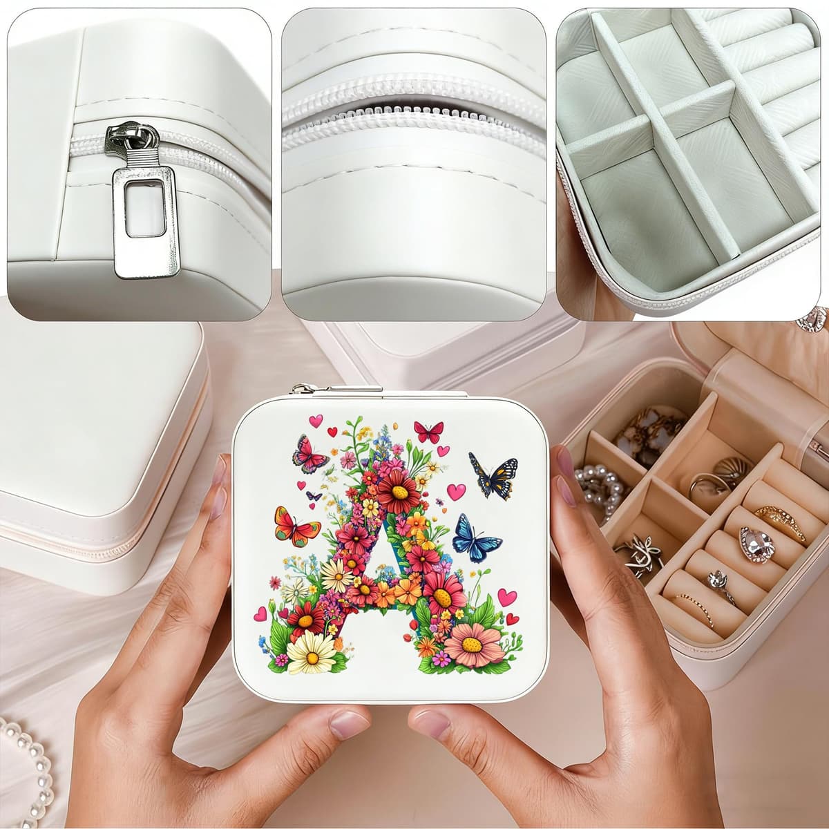 Joyero con monograma portátil, caja de joyería compacta blanca, estuche de viaje organizador de viaje, caja de almacenamiento para collares, aretes, anillos, pulseras (letra A) — view 2