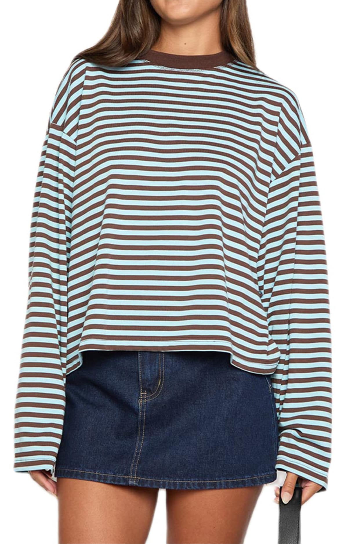 Sudadera Oversize de Mujer con Cuello Redondo a Rayas Manga Larga Estilo Y2K Ropa Informal para Salir — view 3