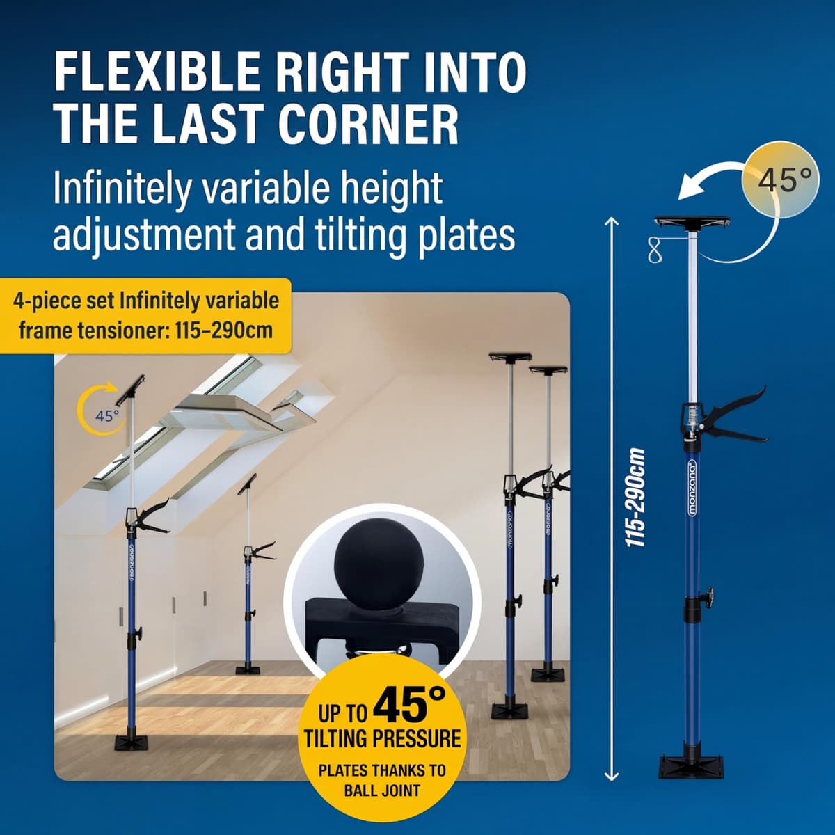 MONZANA® Telescopic Plasterboard Support Props Set of 4 - Heavy Duty Drywall Home Improvement Tools for Plasterboard Fixing and Plaster Board Dry Wall Ceiling Installation — view 3