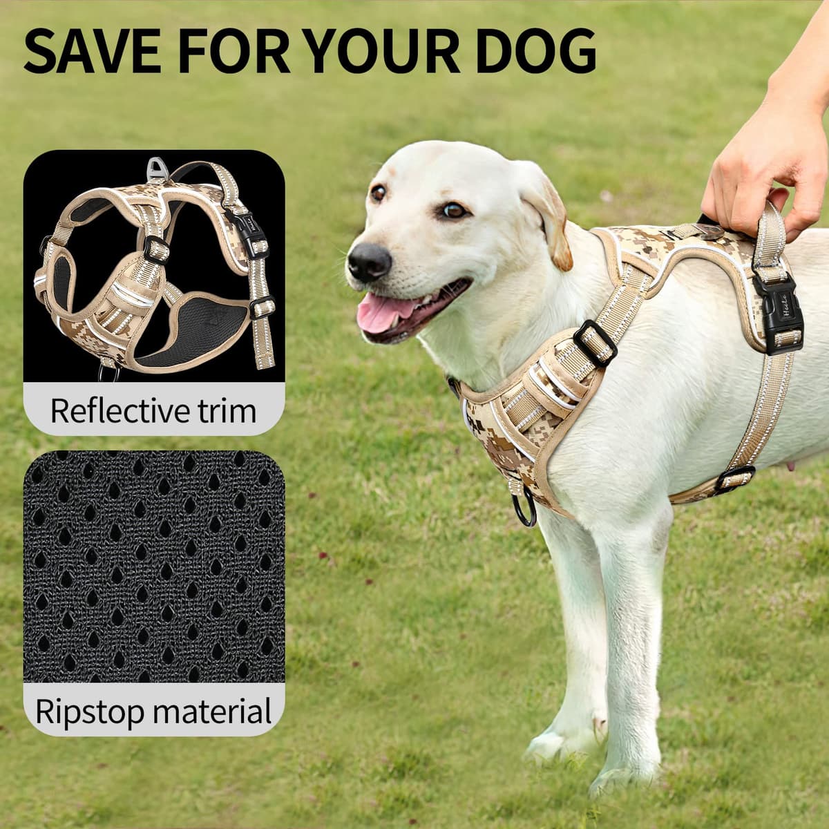 HEELE Arnés antitirones para Perro, Chaleco Transpirable Ajustable, Duradero, Reflectante, fácil de Poner, arnés de Camuflaje para Perros pequeños, medianos y Grandes, Camuflaje Caqui, M — view 6