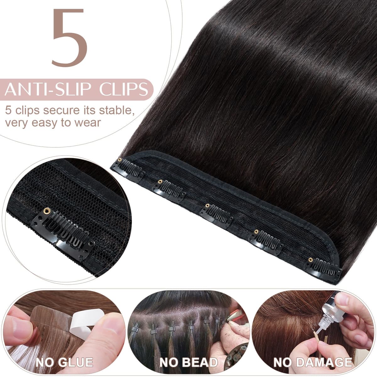 20 inches SEGO One Piece Hair Extensions Clip in Human Hair [#1B Natural Black] Real Remy Hairpieces for Women 3/4 Full Head Straight Invisible (50g) — view 2